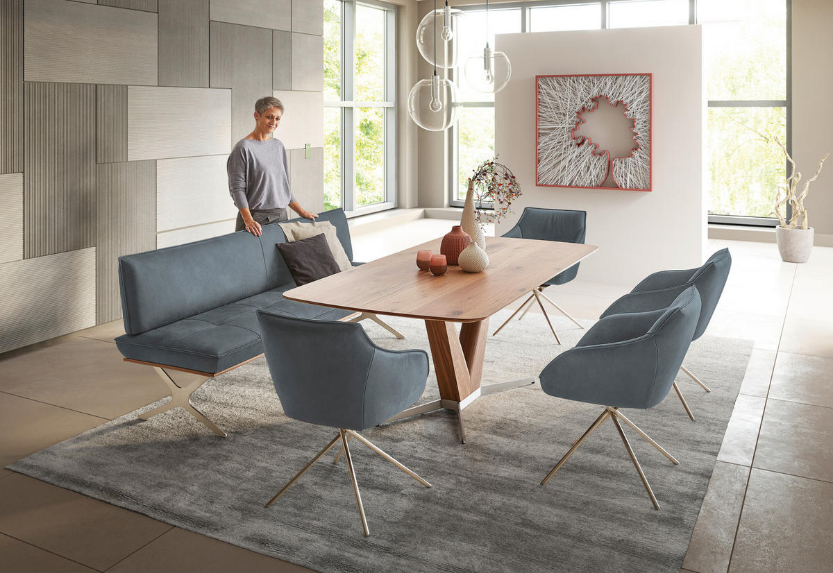 SITZBANK in Holz, Metall, Leder Edelstahlfarben, Graublau  - Edelstahlfarben/Graublau, Design, Leder/Holz (214/88/66cm) - Koinor