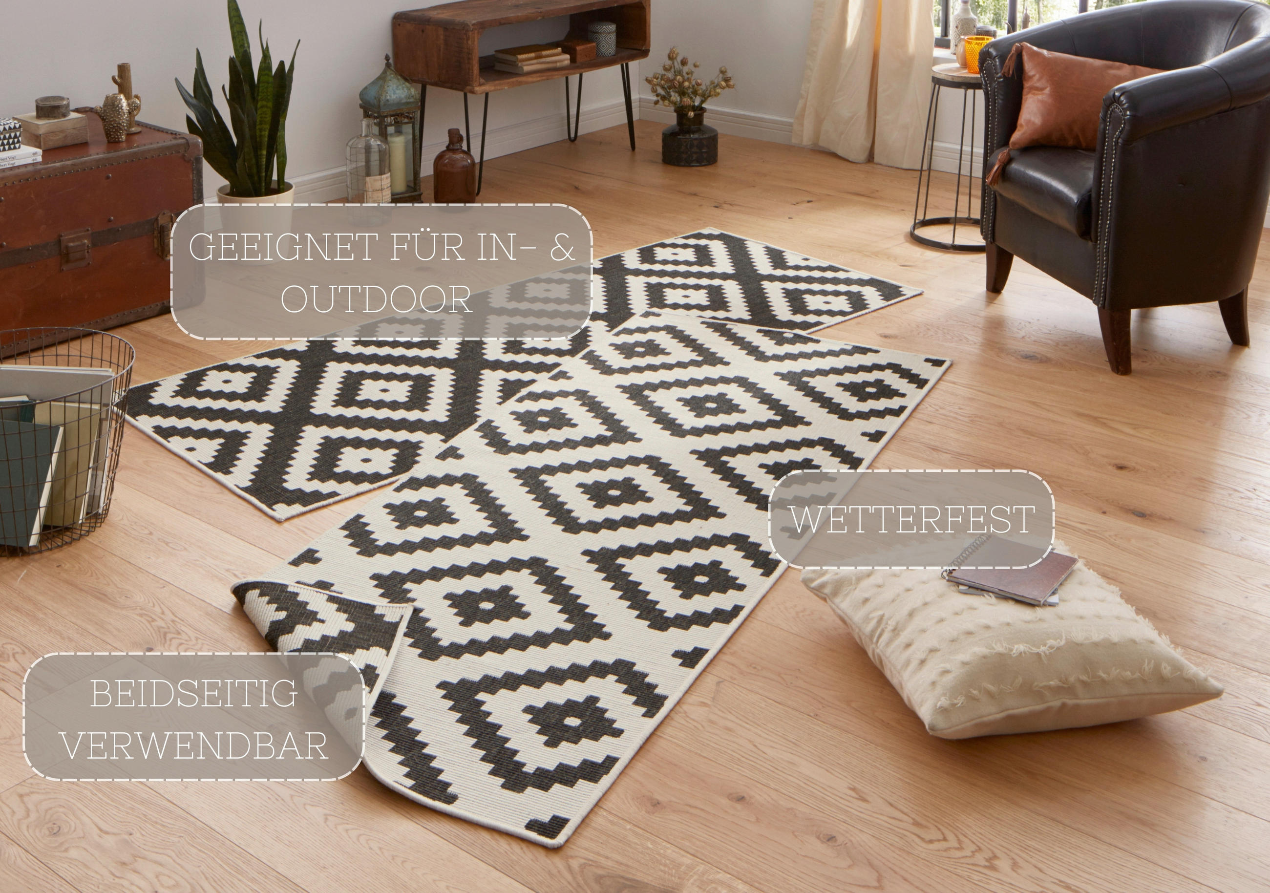 OUTDOORTEPPICH 80/250 cm Twin Schwarz, Creme  - Creme/Schwarz, Basics, Kunststoff (80/250cm) - Hanse Home