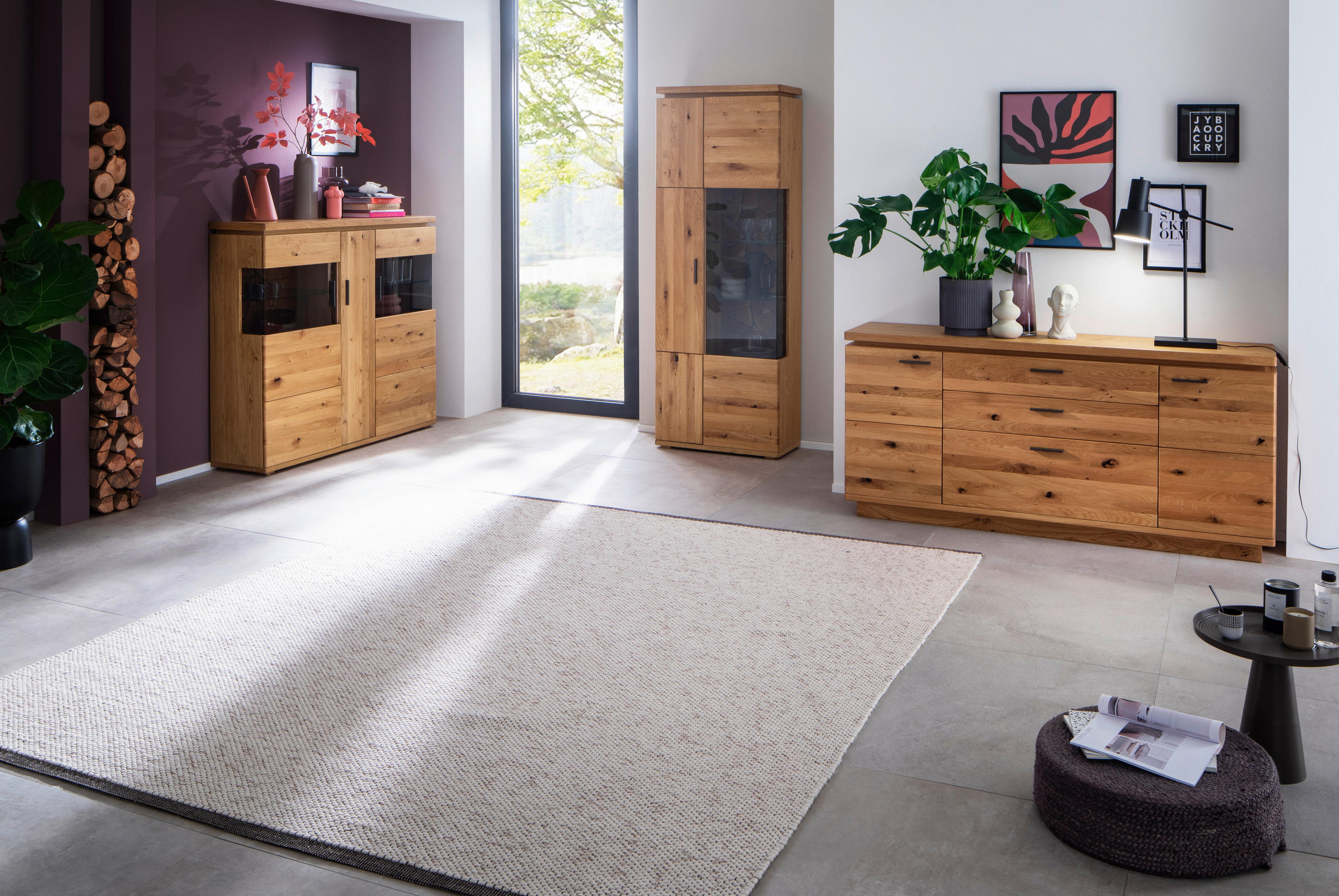 VITRINE in furniert, massiv Balkeneiche Grau, Eichefarben  - Eichefarben/Anthrazit, Natur, Glas/Holz (75/204/37cm) - Linea Natura