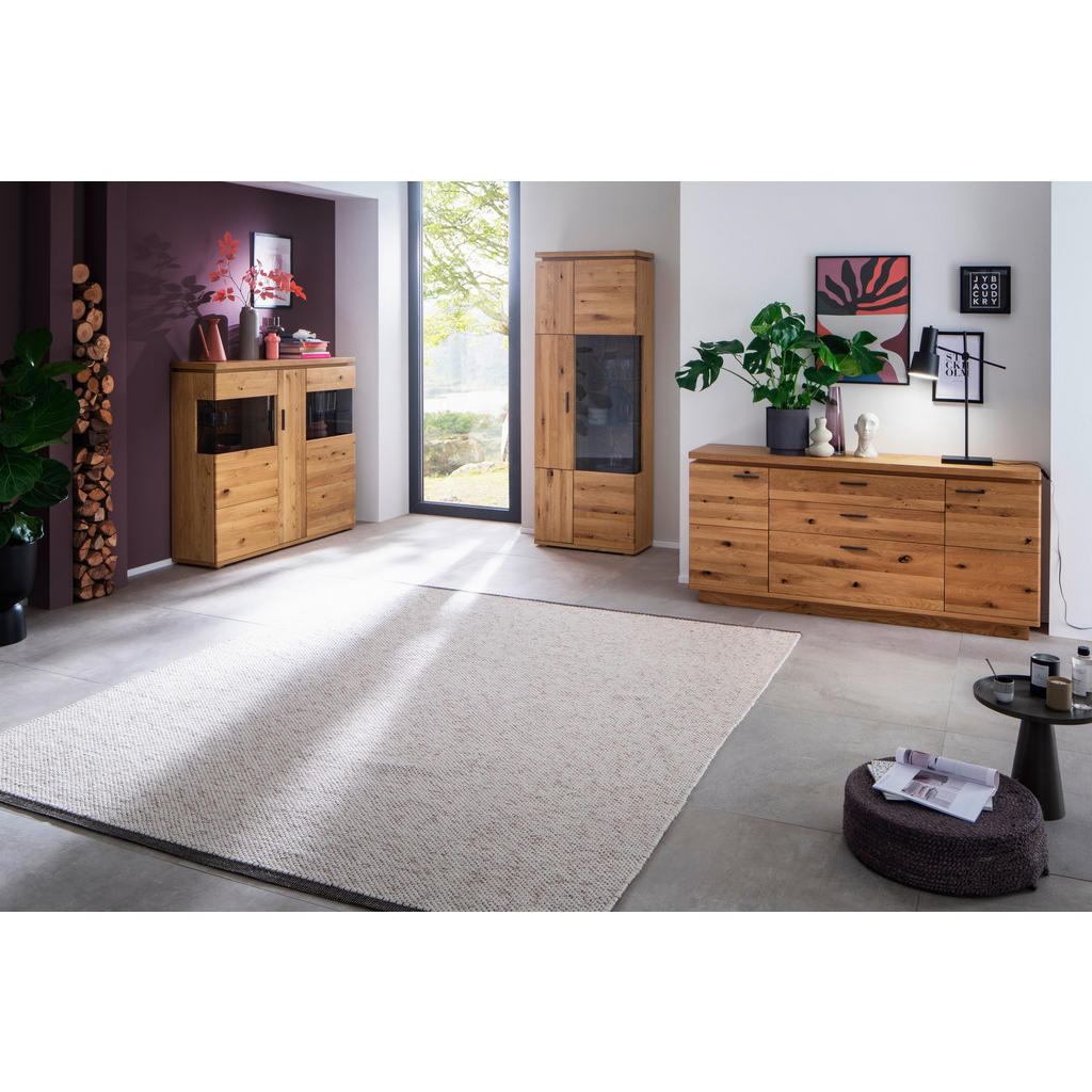 Thumbnail - Linea Natura Vitrine, Grau, Eiche, Holz, Glas, Balkeneiche, furniert, massiv, 11x Holz/ 2x Glas Fächer, 75x204x37 cm, Be...