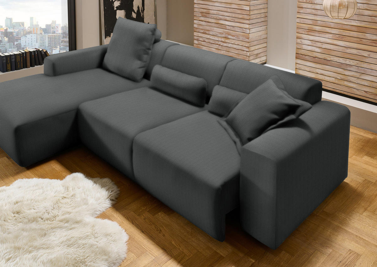 ECKSOFA in Feincord Anthrazit  - Anthrazit/Schwarz, Design, Kunststoff/Textil (174/302cm) - Beldomo Style