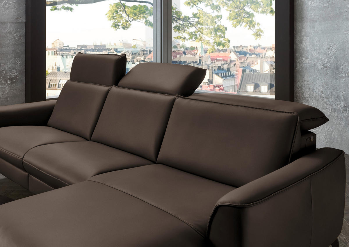 ECKSOFA in Echtleder Dunkelbraun  - Dunkelbraun/Schwarz, Natur, Leder/Metall (281/168cm) - Valdera
