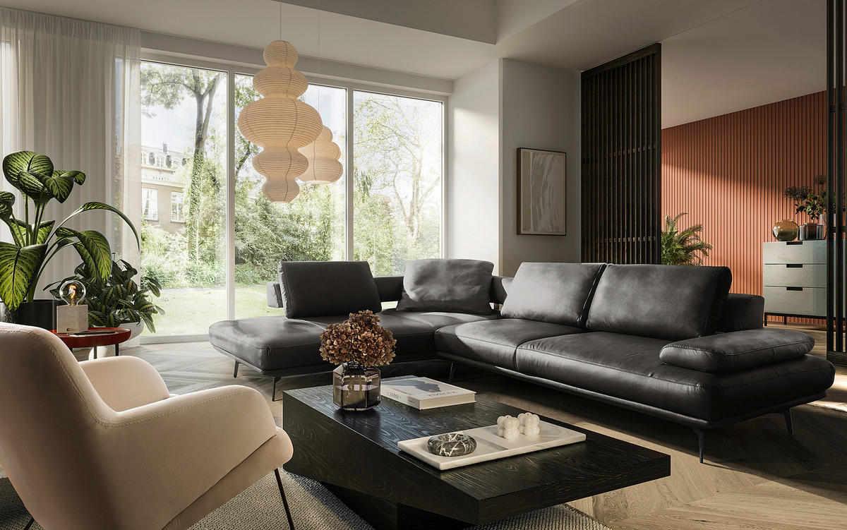 ECKSOFA  in Echtleder Anthrazit  237/306 cm  - Anthrazit/Schwarz, Design, Leder/Metall (237/306cm) - Livetastic