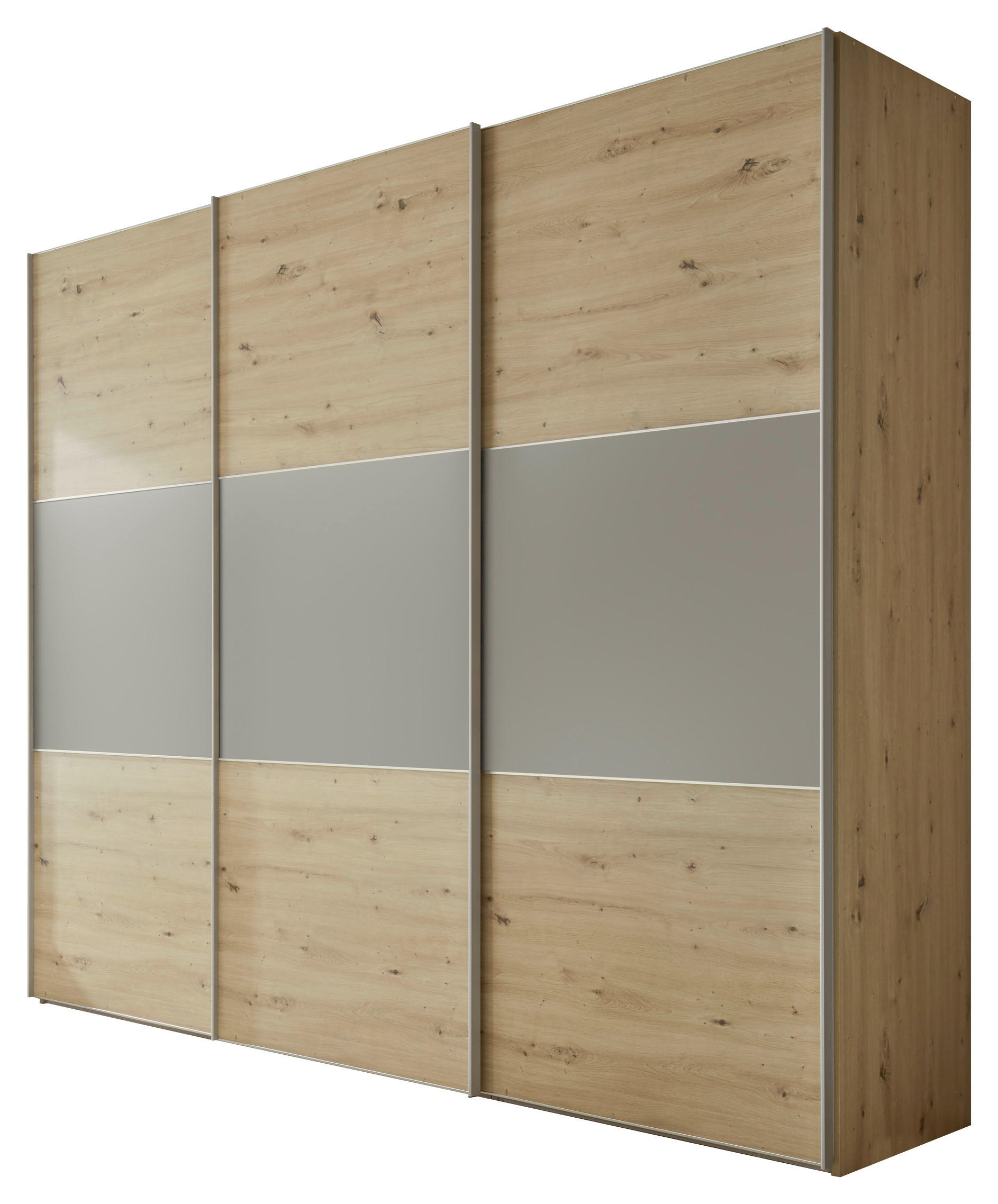 Schwebetürenschrank B: 298 cm Includo, Artisan Eiche/Grau