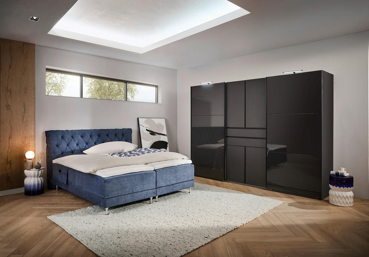 BOXSPRINGBETT 180/200 cm,  in Blau, Matratze, Lattenrost, Topper, H3 + H5 = fest + hart  - Blau/Alufarben, Basics, Textil/Metall (180/200cm) - Welnova