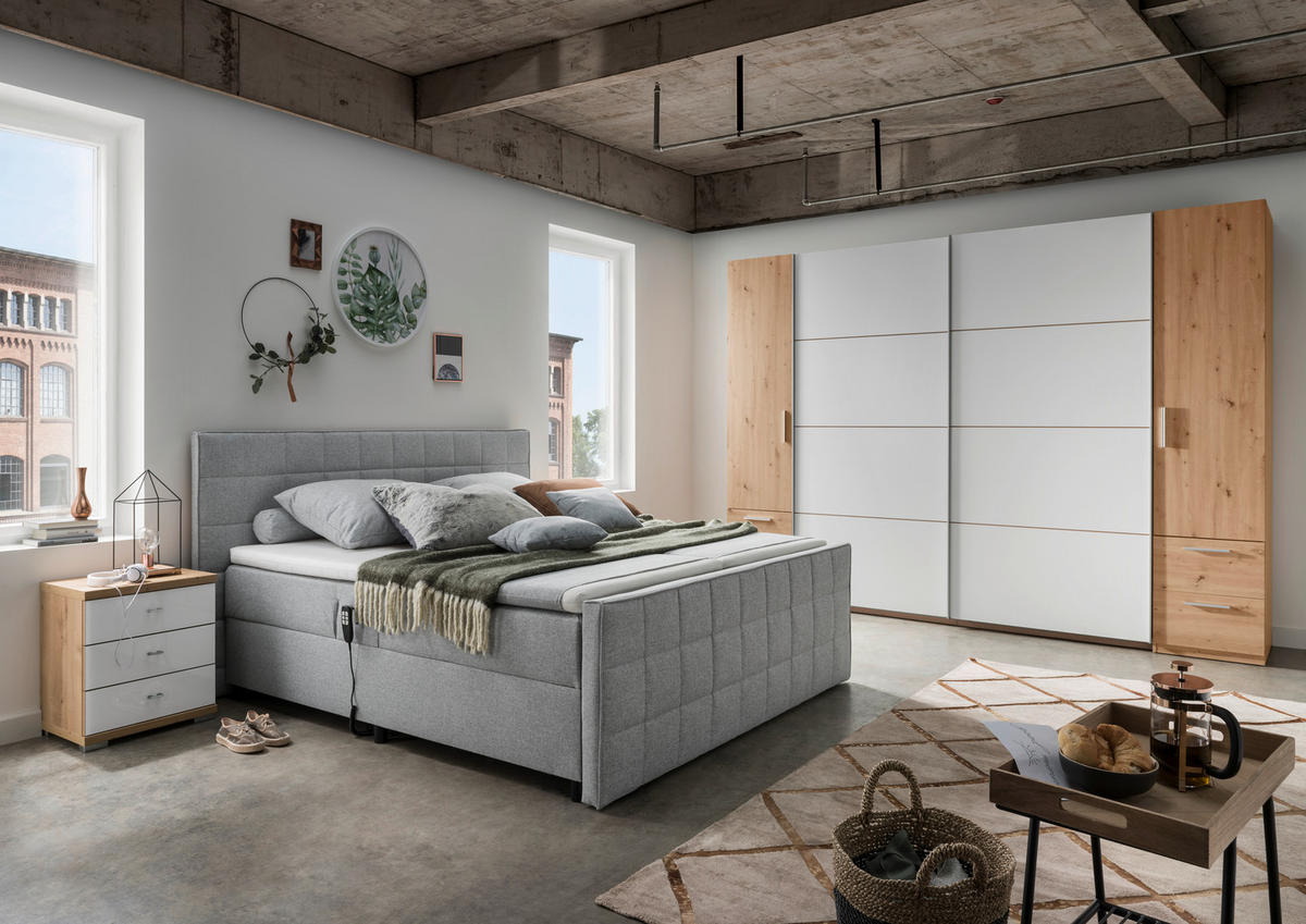 POLSTERBETT 180/200 cm, inkl. gepolstertes Kopfteil, Topper, motorische Verstellbarkeit,  in Hellgrau  - Hellgrau/Schwarz, Design, Kunststoff/Textil (180/200cm) - Esposa