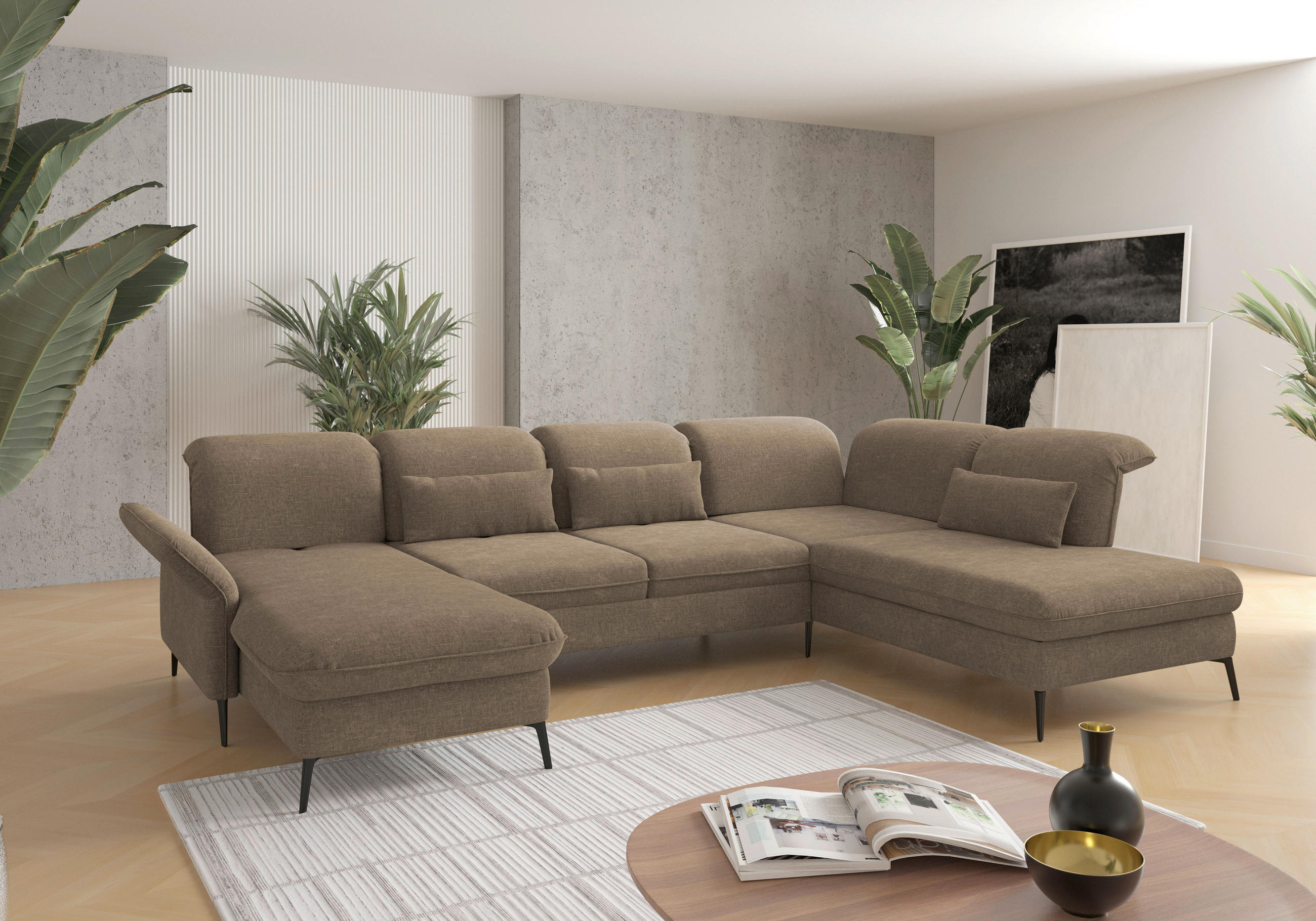 WOHNLANDSCHAFT Hellbraun Flachgewebe  - Hellbraun/Schwarz, KONVENTIONELL, Textil/Metall (198/359/231cm) - Sit & More