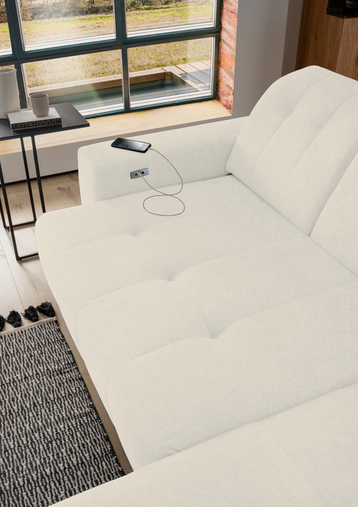 ECKSOFA in Mikrofaser Creme  - Creme/Schwarz, Modern, Textil/Metall (261/200cm) - Livetastic