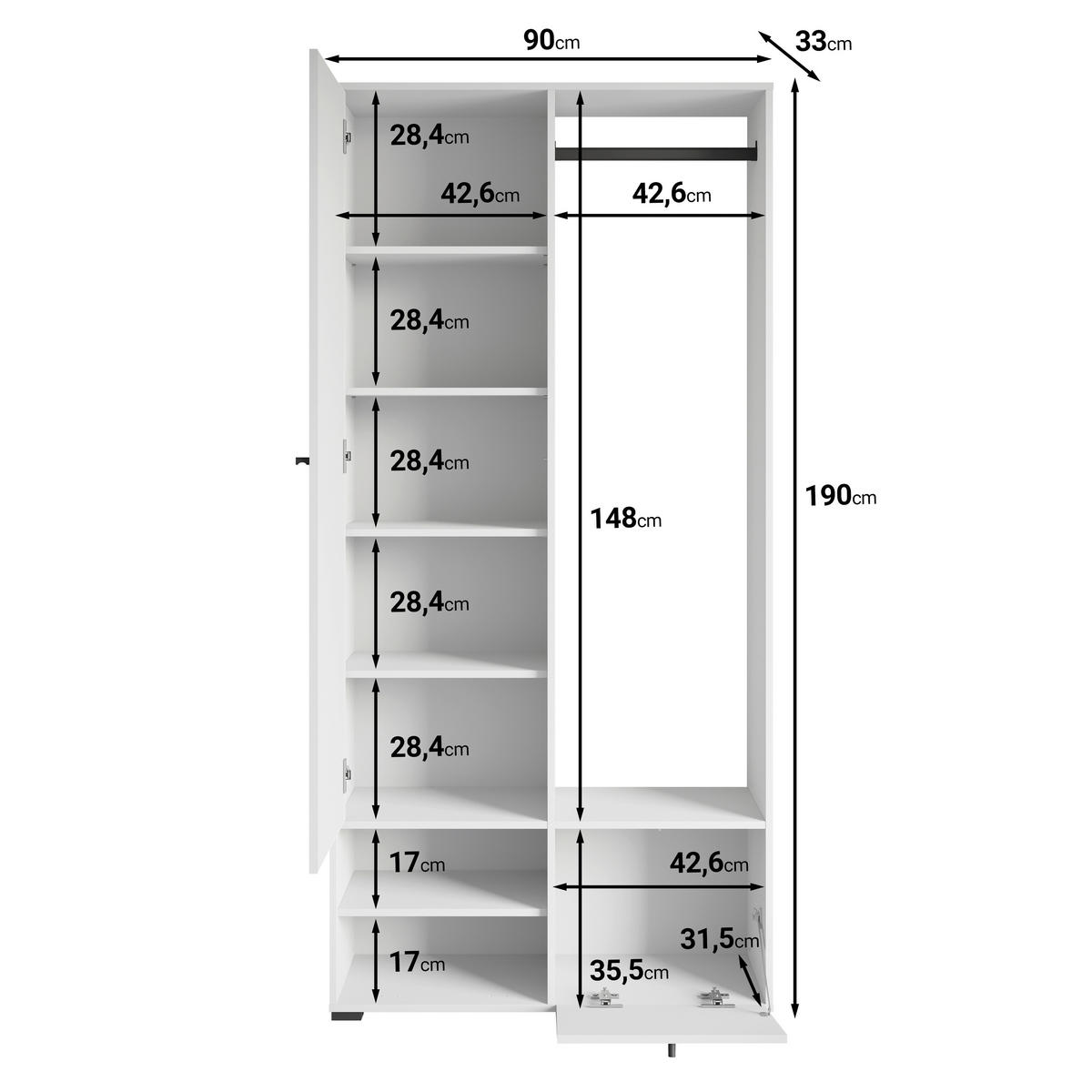 GARDEROBE  in 90/190/33 cm  - Weiss, Trend, Holzwerkstoff (90/190/33cm) - MID.YOU