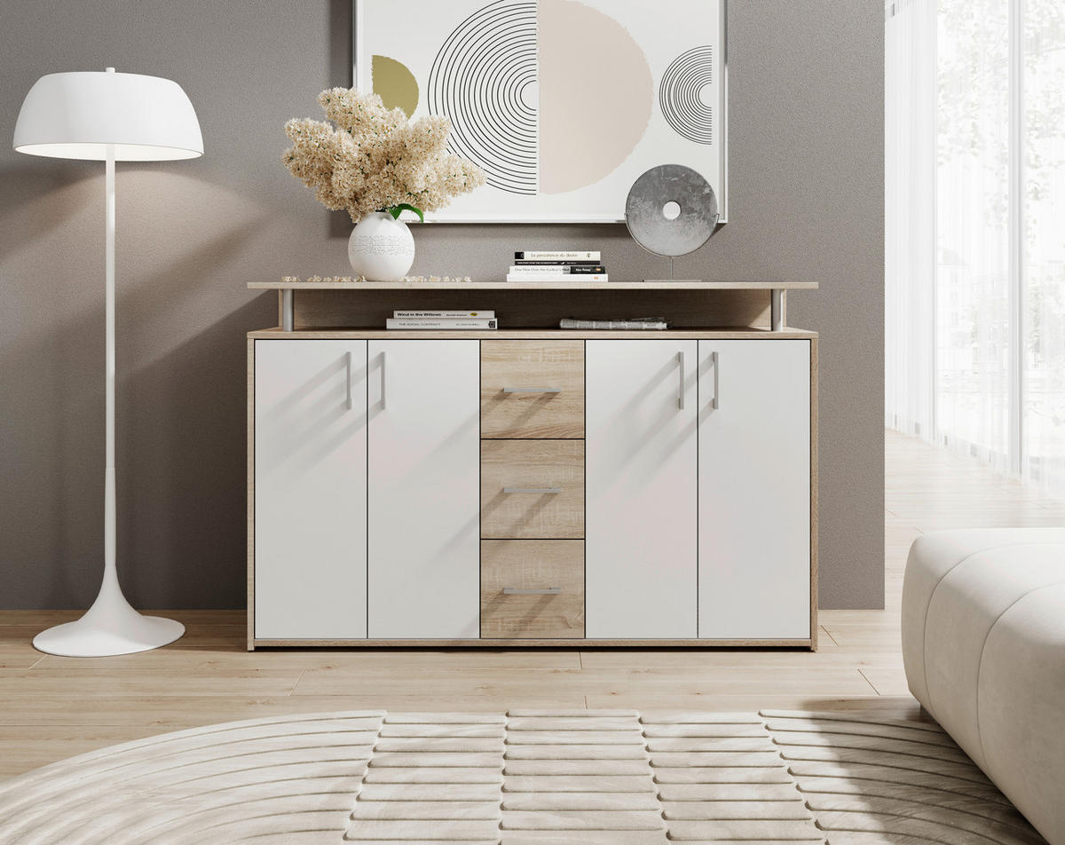 COMODĂ CU UȘI 139/90/34 cm  - stejar Sonoma/argintiu, Konventionell, plastic/material pe bază de lemn (139/90/34cm) - Carryhome