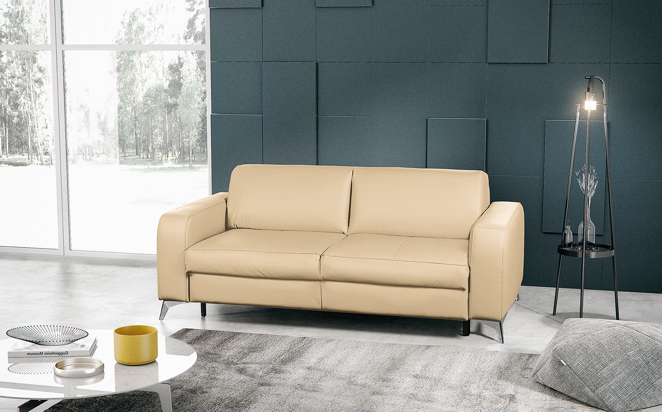 SCHLAFSOFA Beige Echtleder  - Beige/Silberfarben, Design, Leder/Metall (204/84/104cm) - Livetastic