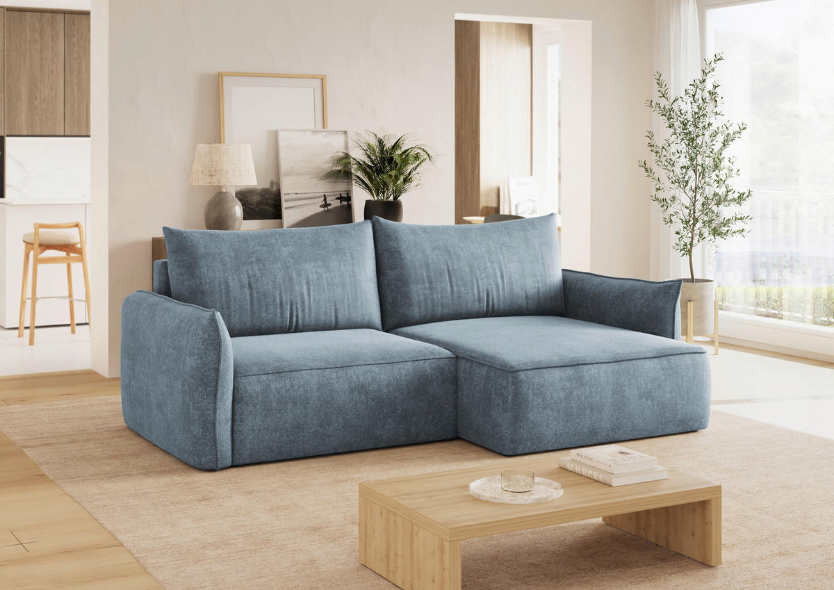 ECKSOFA Blau Struktur Rückenkissen, Bettkasten, Schlaffunktion, Rücken echt, Liegefläche im Originalstoff  - Blau/Schwarz, KONVENTIONELL, Kunststoff/Textil (266/148cm) - Milino