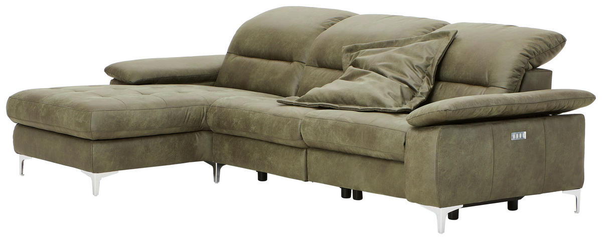 ECKSOFA Olivgrün Mikrofaser Kopfteilverstellung  - Chromfarben/Olivgrün, Design, Textil/Metall (184/280cm) - Pure Home Comfort