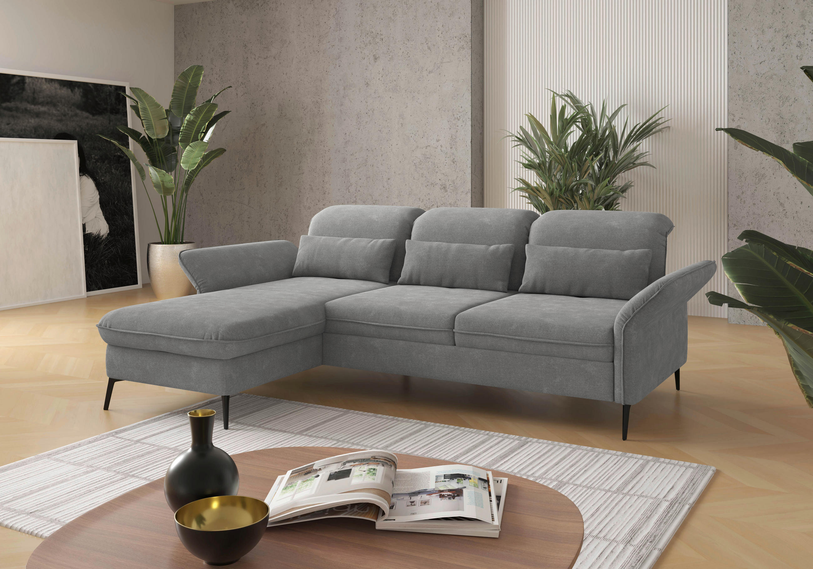 ECKSOFA Grau Flachgewebe Armteilverstellung, Kopfteilverstellung, Sitztiefenverstellung  - Schwarz/Grau, KONVENTIONELL, Textil/Metall (198/264cm) - Sit & More