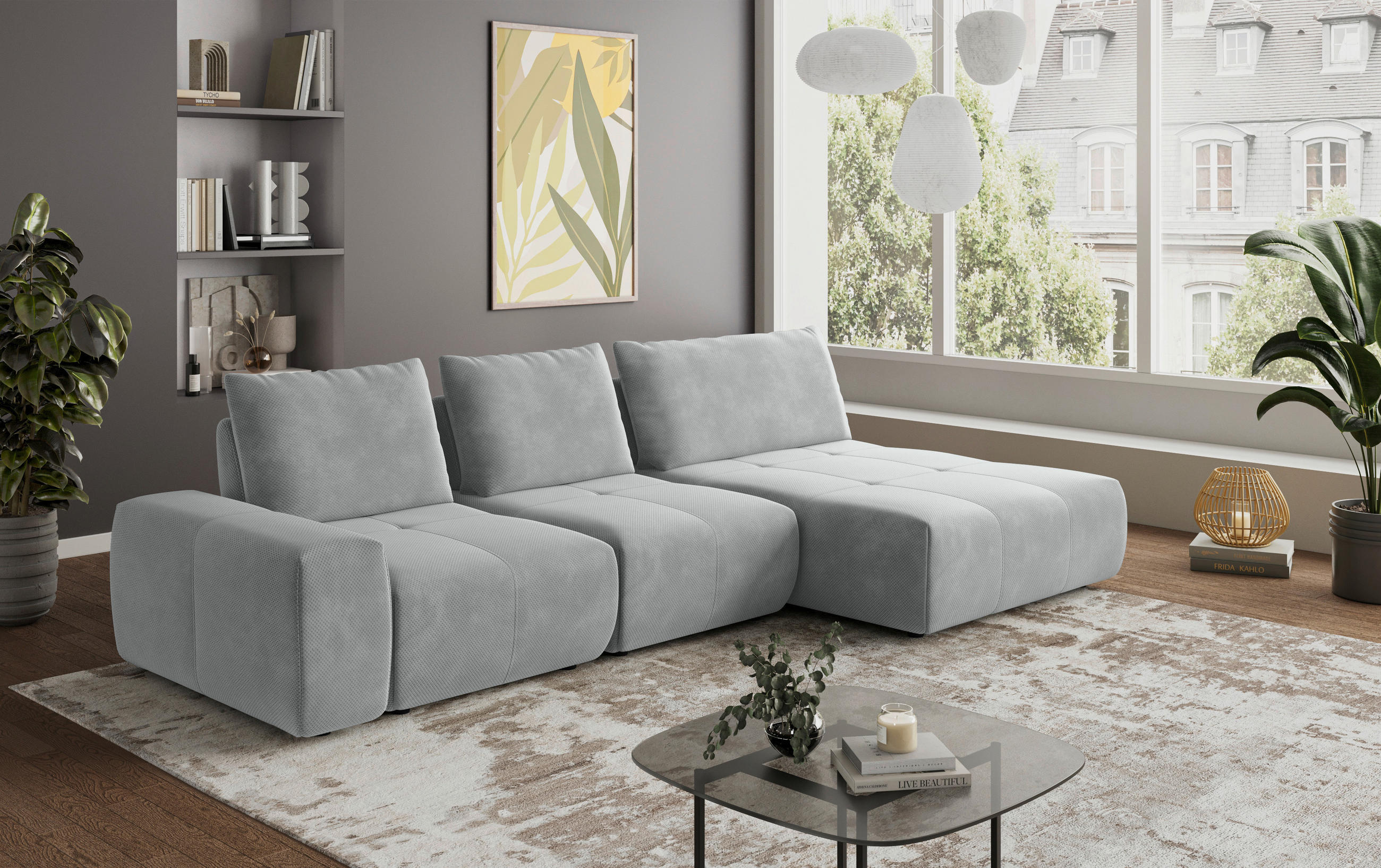 ECKSOFA in Velours Grau 347/174 cm - Schwarz/Grau, Design, Kunststoff/Textil (347/174cm) - Xora
