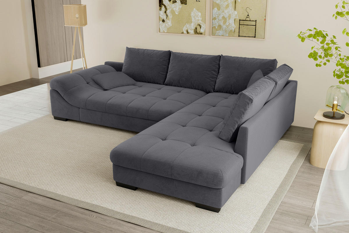 ECKSOFA in Cord Graphitfarben  - Schwarz/Graphitfarben, Konventionell, Holz/Textil (298/202cm) - MID.YOU