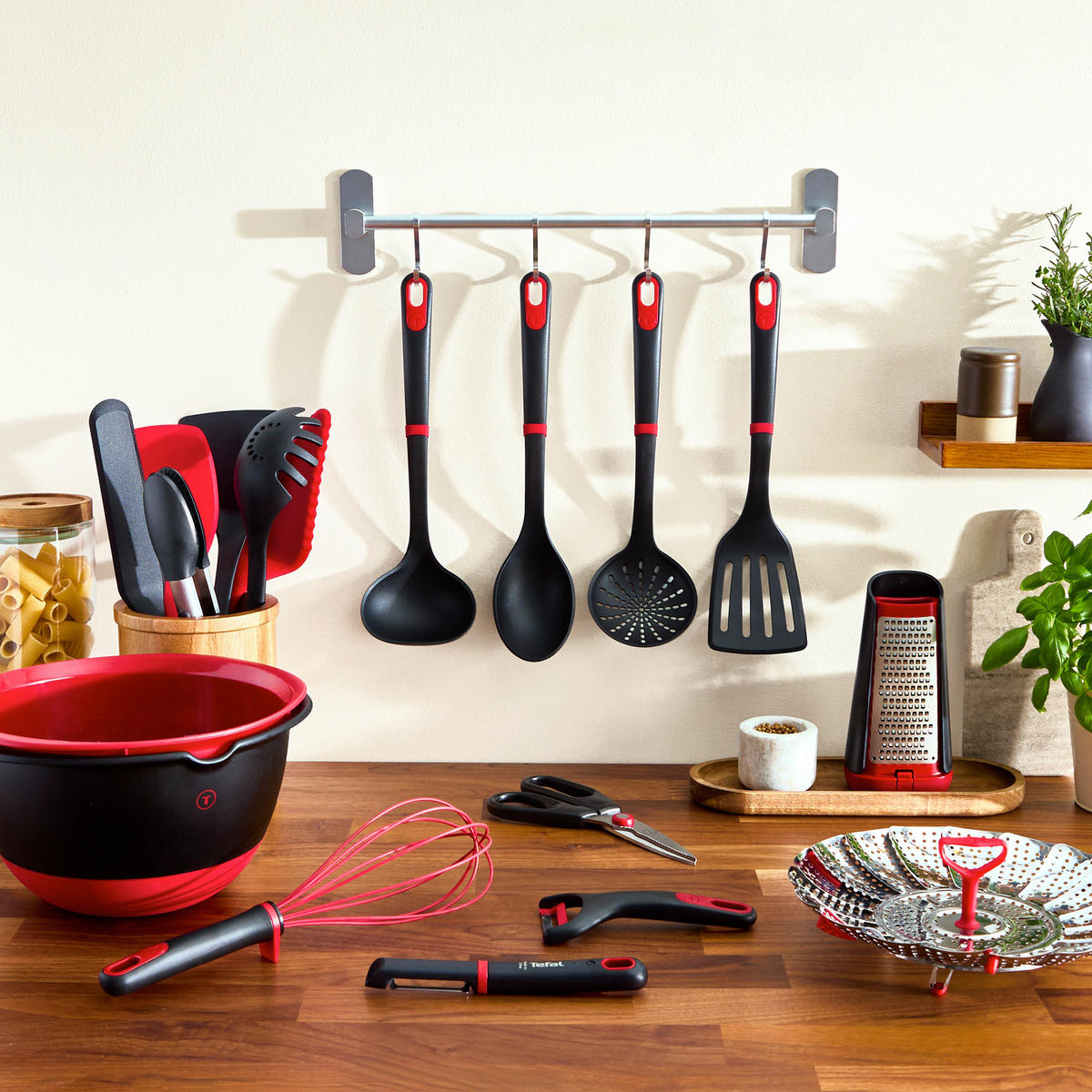 KÜCHENHELFERSET Ingenio  - Graubraun/Rot, Basics, Kunststoff - Tefal