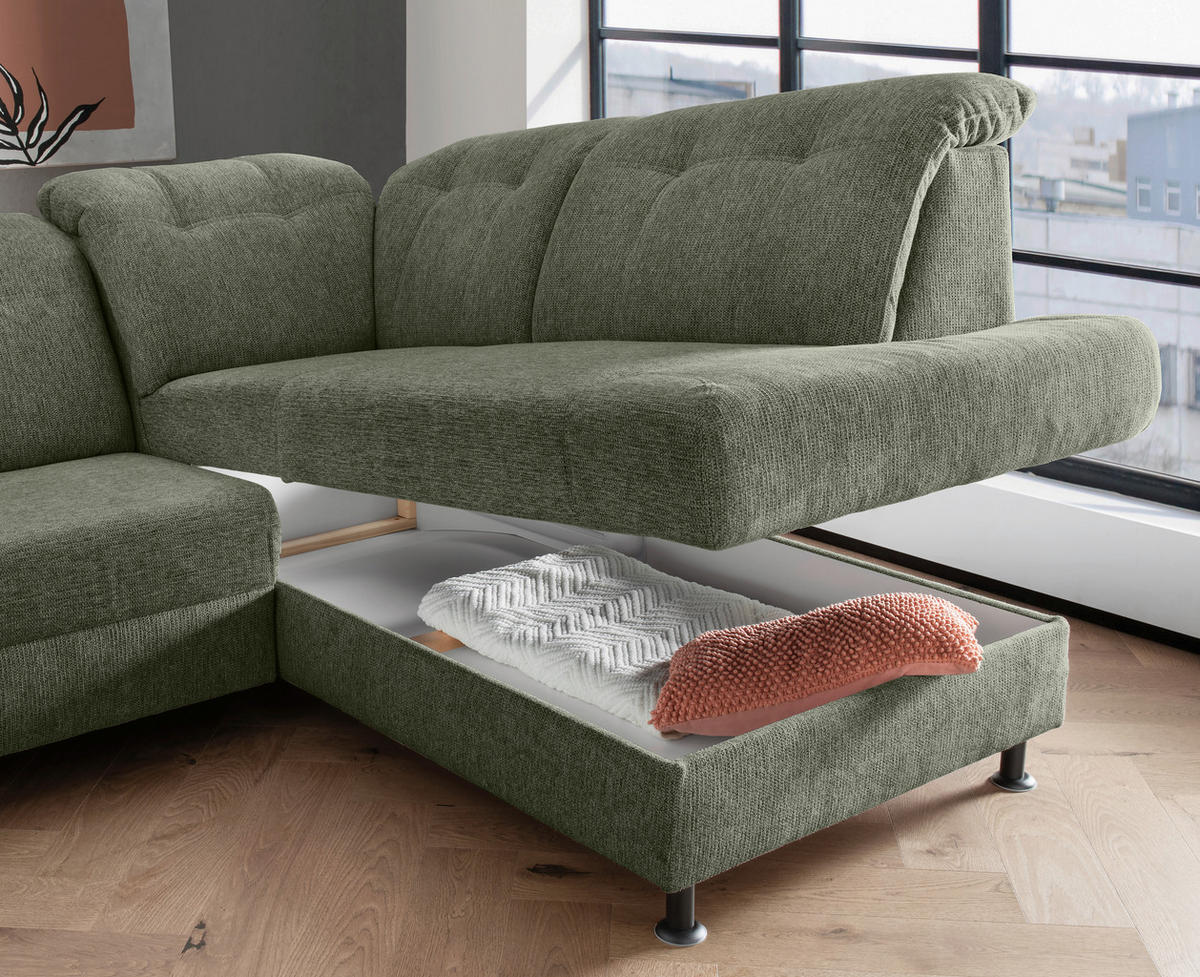 ECKSOFA in Chenille Dunkelgrün  - Dunkelgrün/Schwarz, Modern, Textil/Metall (270/198cm) - Livetastic