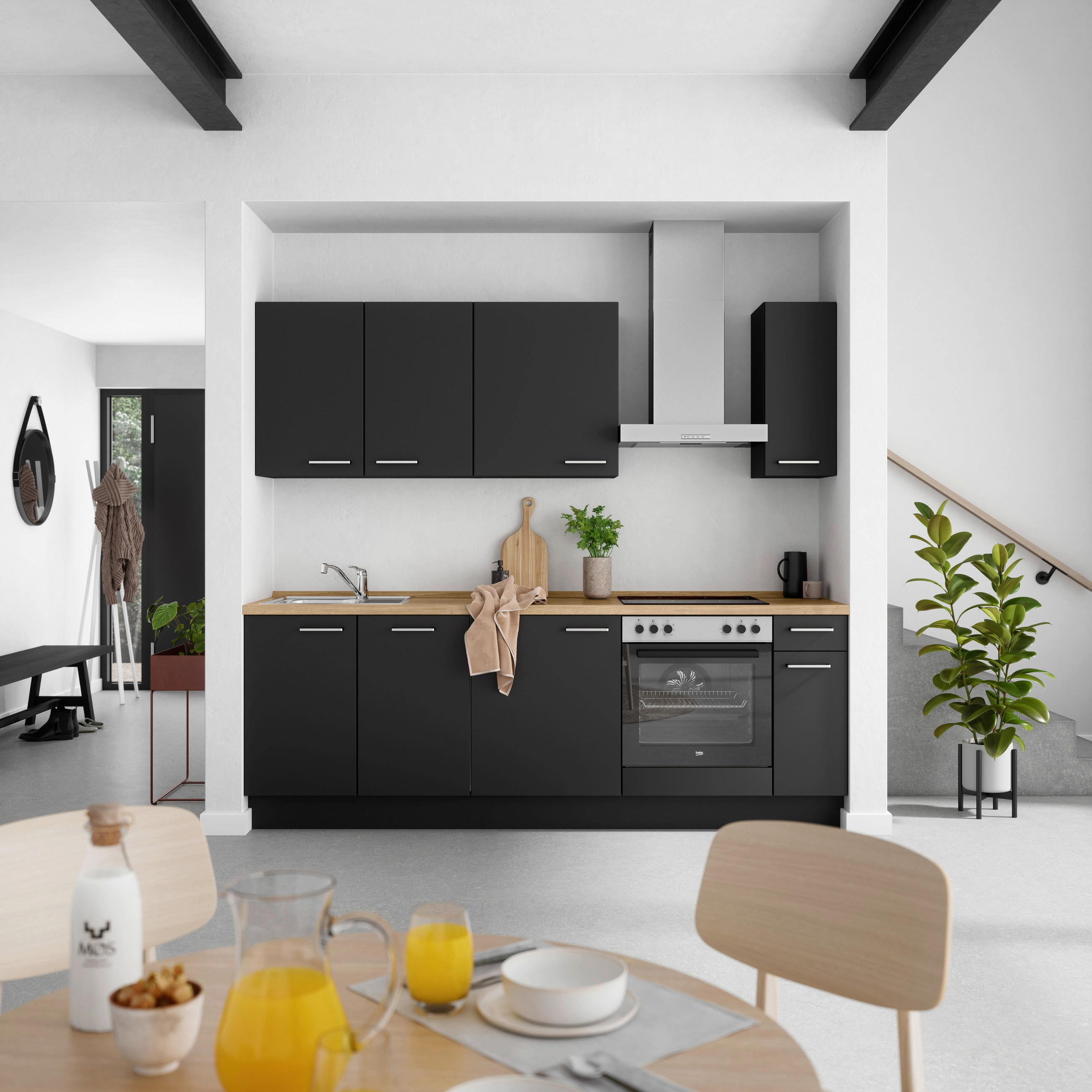 KÜCHENBLOCK 240 cm   in Schwarz, Eichefarben  - Edelstahlfarben/Eichefarben, MODERN, Holzwerkstoff/Metall (240cm) - Nobilia