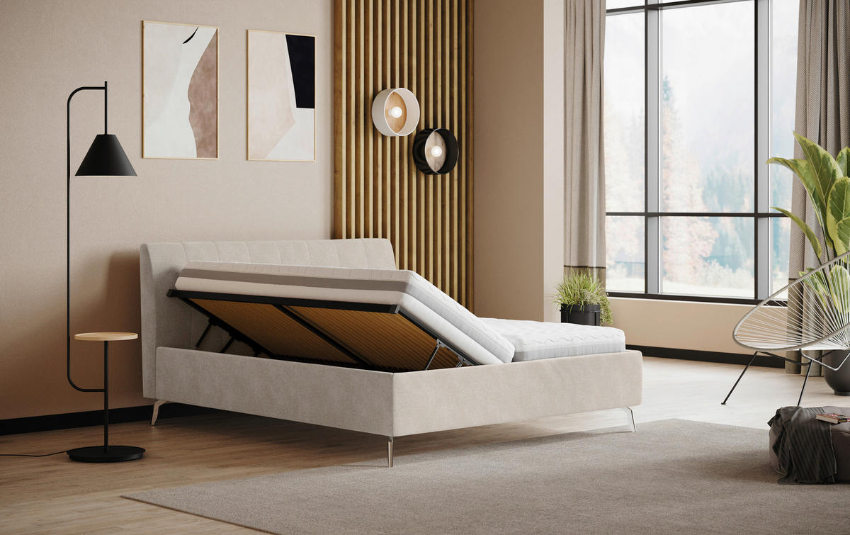KÁRPITOZOTT ÁGY 180/200 cm  bézs  - bézs/fekete, Basics, faalapú anyag/textil (180/200cm) - Carryhome