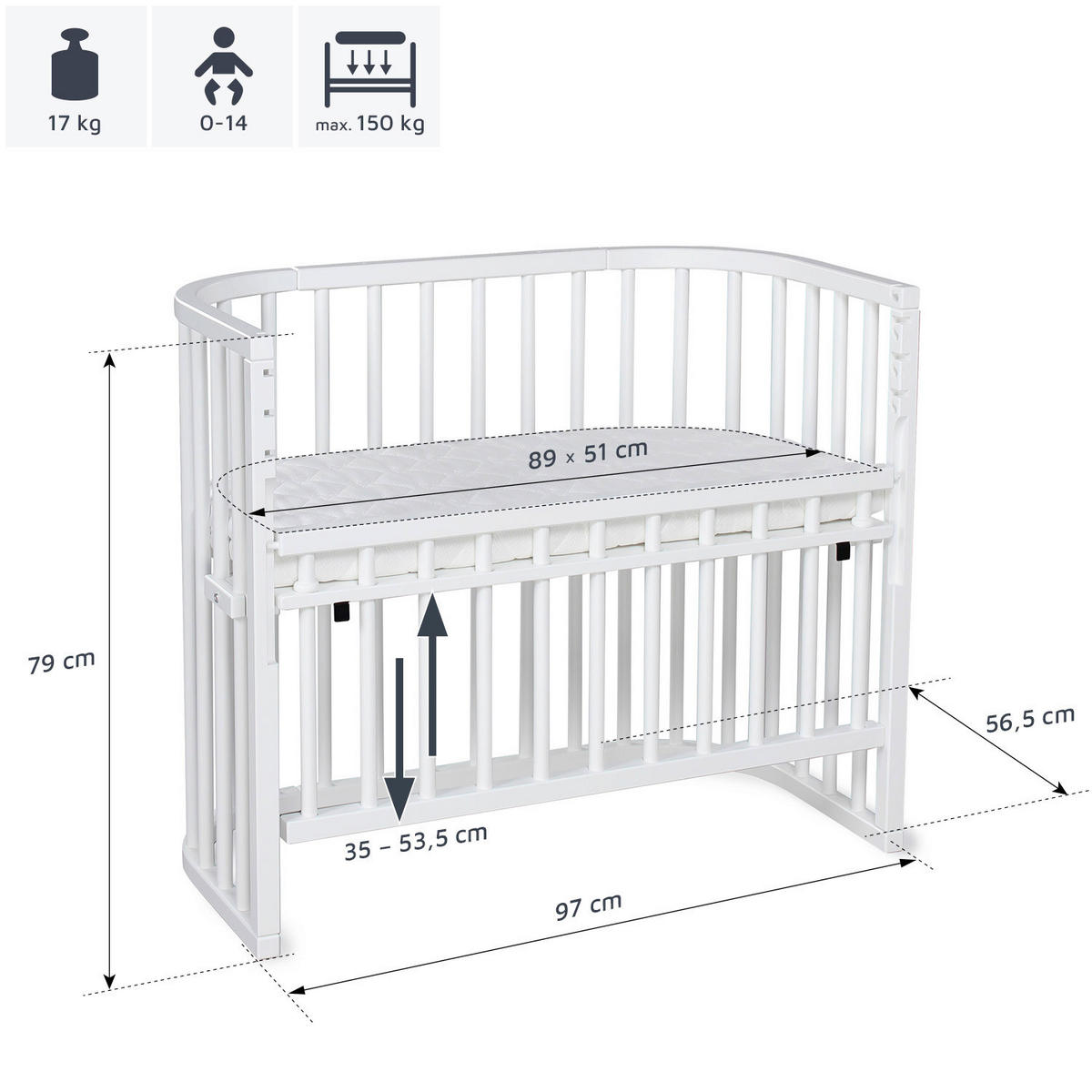 BEISTELLBETT MAXI COMFORT PLUS 96/56,5/79 cm  - Weiß, Basics, Holz (96/56,5/79cm) - Babybay