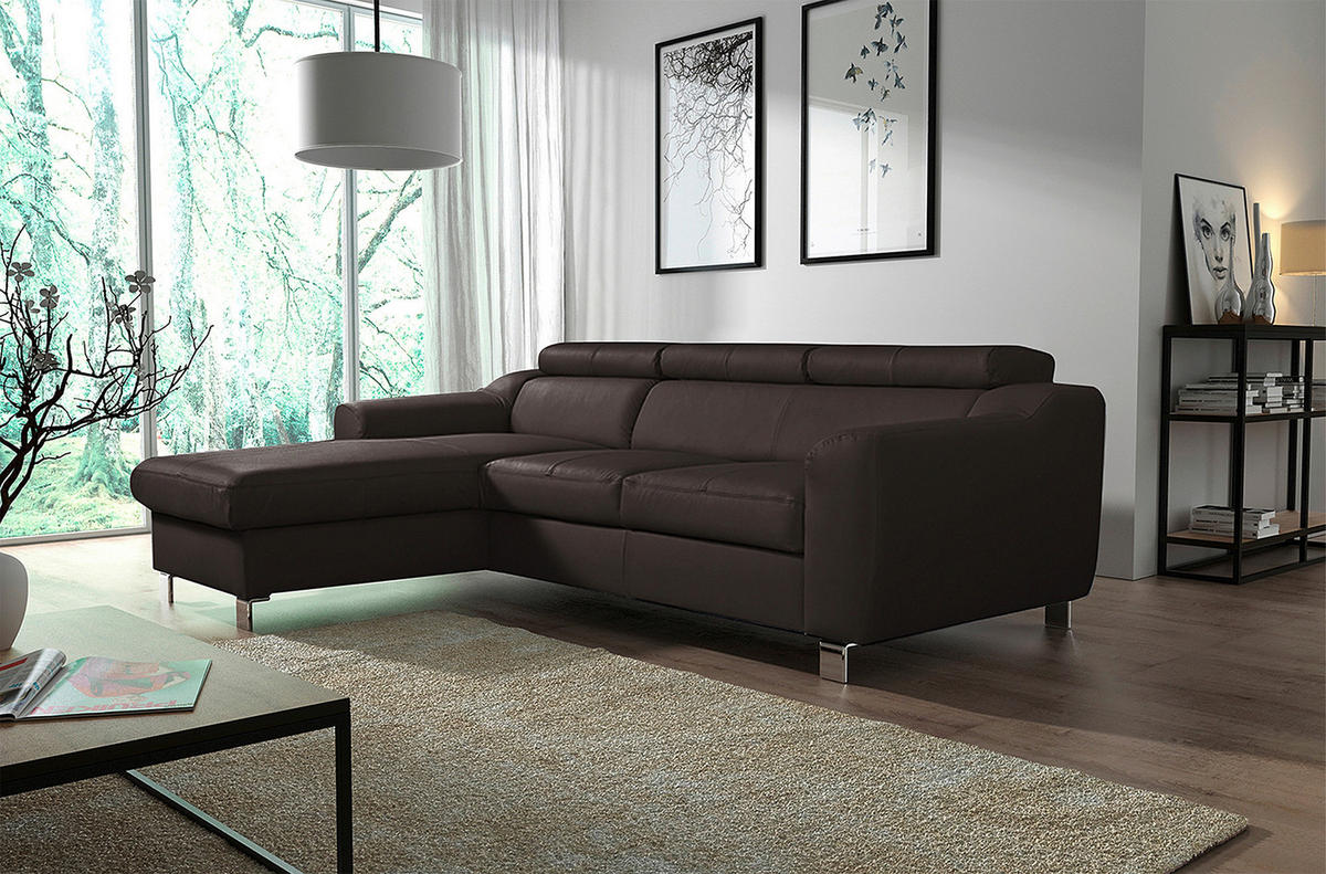 ECKSOFA in Lederlook Echtleder Dunkelbraun  - Chromfarben/Dunkelbraun, Design, Leder/Textil (176/242cm) - Livetastic
