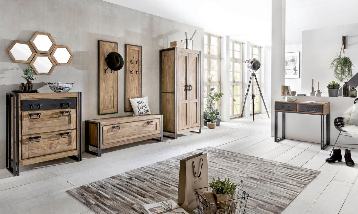 SCHUHSCHRANK Akazie massiv Naturfarben, Schwarz  - Schwarz/Naturfarben, Design, Holz/Metall (130/50/40cm) - MID.YOU