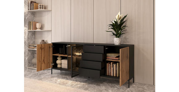 SIDEBOARD  205,8/81/38 cm 2 Schublade(n)  - Eiche Wotan/Schwarz, KONVENTIONELL, Glas/Holzwerkstoff (205,8/81/38cm) - Xora