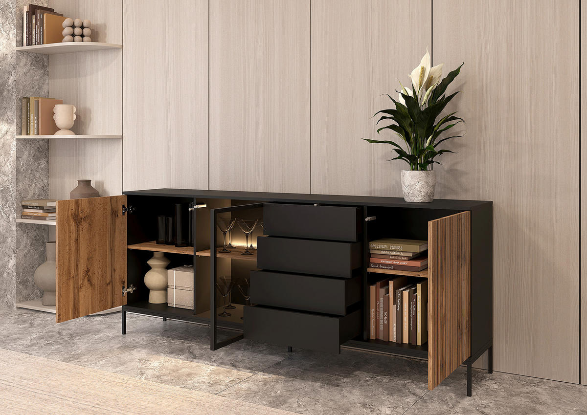 SIDEBOARD  205,8/81/38 cm 2 Schublade(n)  - Eiche Wotan/Schwarz, Konventionell, Glas/Holzwerkstoff (205,8/81/38cm) - Xora