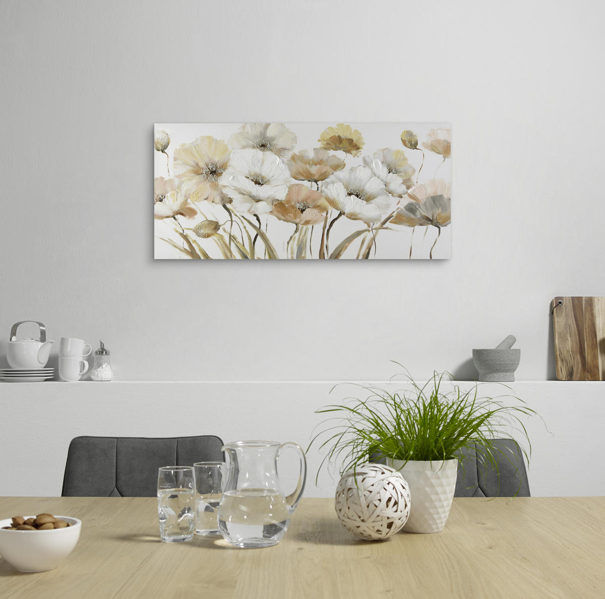 ÖLGEMÄLDE Blumen 120/55 cm  - Braun/Weiß, KONVENTIONELL, Holz/Textil (120/55cm) - Monee