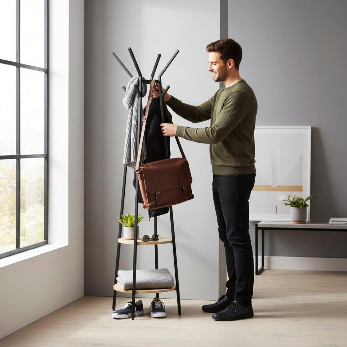 GARDEROBENSTÄNDER in Schwarz, Eichefarben 48/170/48 cm   - Eichefarben/Schwarz, Design, Holzwerkstoff/Metall (48/170/48cm)