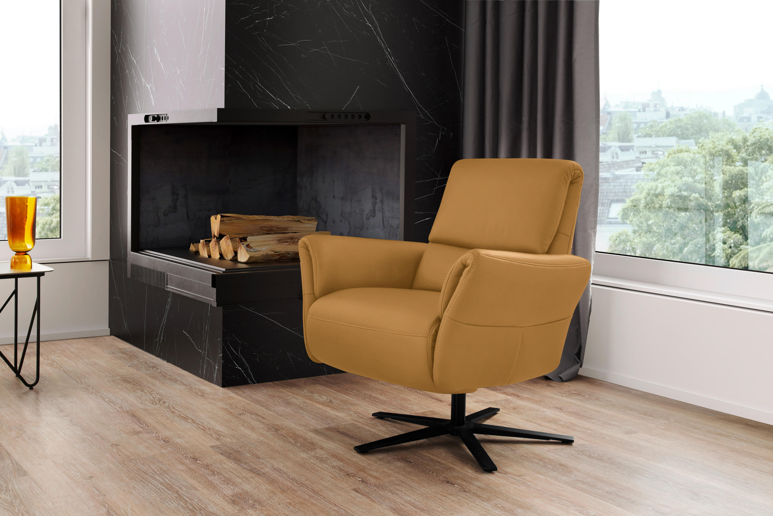 RELAXSESSEL Echtleder Relaxfunktion, Kopfteilverstellung, Nackenkissen    - Currygelb/Schwarz, Design, Leder/Metall (81/118/82cm) - Schöner Wohnen
