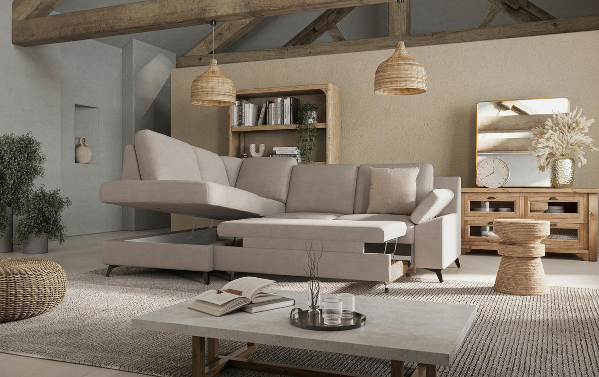 ECKSOFA in Flachgewebe Beige  - Beige/Schwarz, Konventionell, Textil/Metall (170/242cm) - Cotta