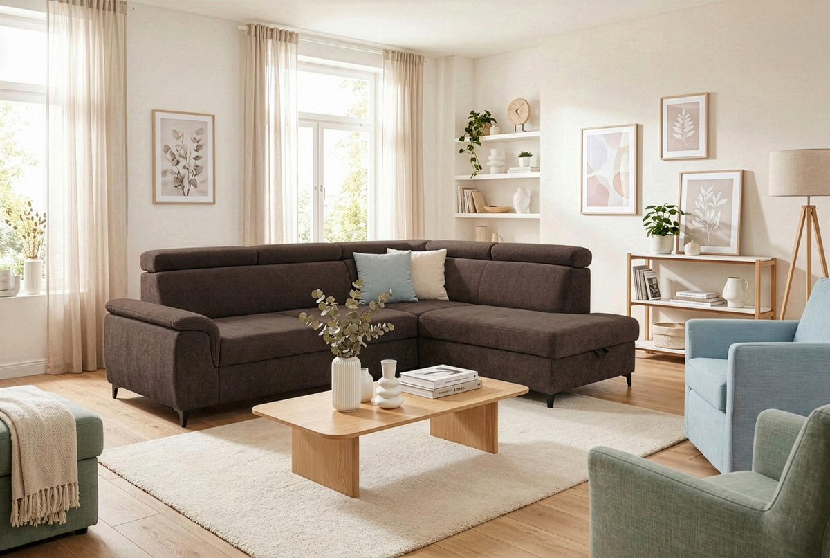 ECKSOFA Dunkelbraun Chenille Bettkasten, Schlaffunktion, Rücken echt, Kopfteilverstellung, Liegefläche im Originalstoff  - Dunkelbraun/Schwarz, KONVENTIONELL, Textil/Metall (265/206cm) - Carryhome