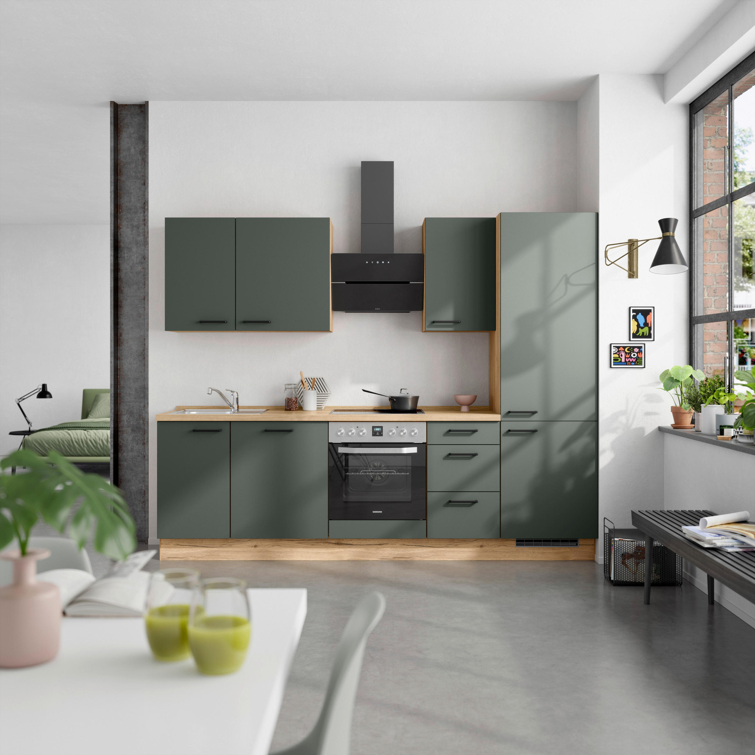 KÜCHENBLOCK 270 cm   in Eichefarben, Dunkelgrün  - Dunkelgrün/Eichefarben, MODERN, Holzwerkstoff/Metall (270cm) - Nobilia