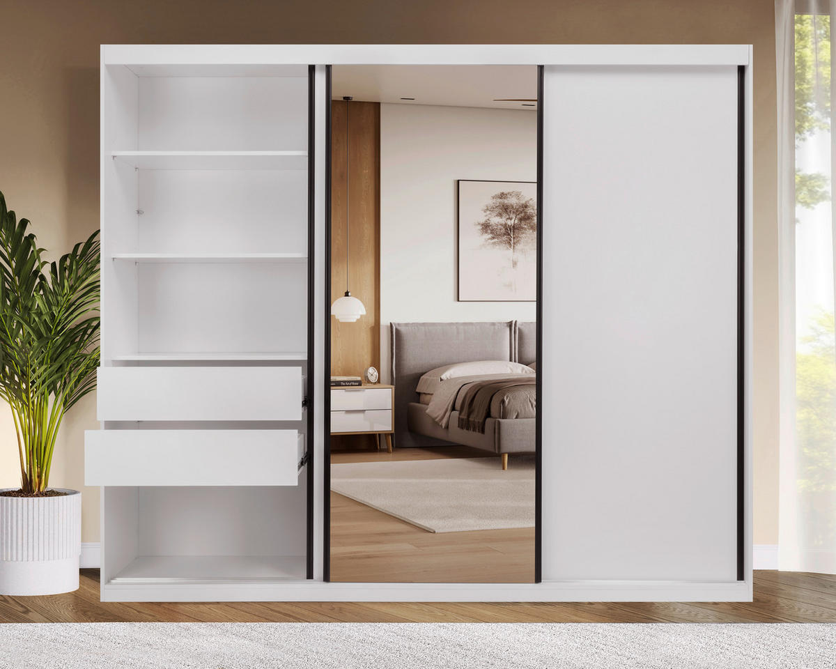 SCHIEBETÜRENSCHRANK 250/215/59,5 cm 3-türig Weiß  - Schwarz/Weiß, MODERN, Holzwerkstoff/Metall (250/215/59,5cm) - MID.YOU