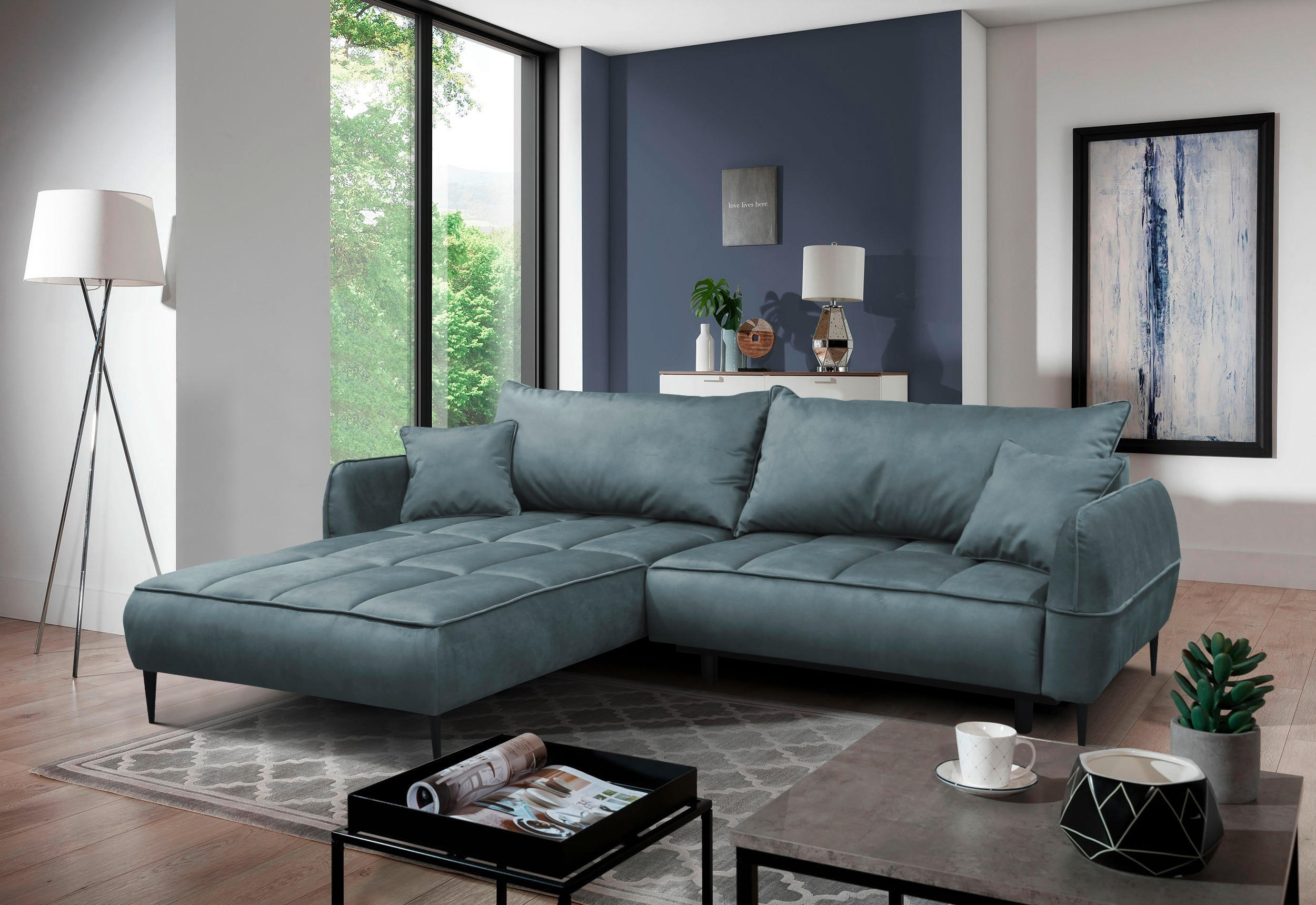 ECKSOFA Blau Velours  - Blau/Schwarz, Design, Textil/Metall (189/260cm) - MID.YOU
