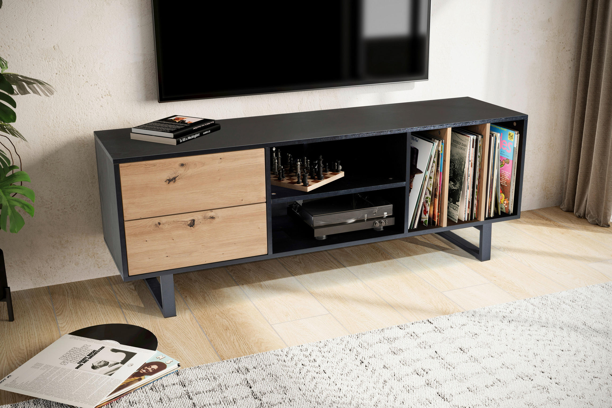 LOWBOARD  in 150/55/40 cm  - Eichefarben/Schwarz, Design, Holzwerkstoff/Metall (150/55/40cm) - Livetastic