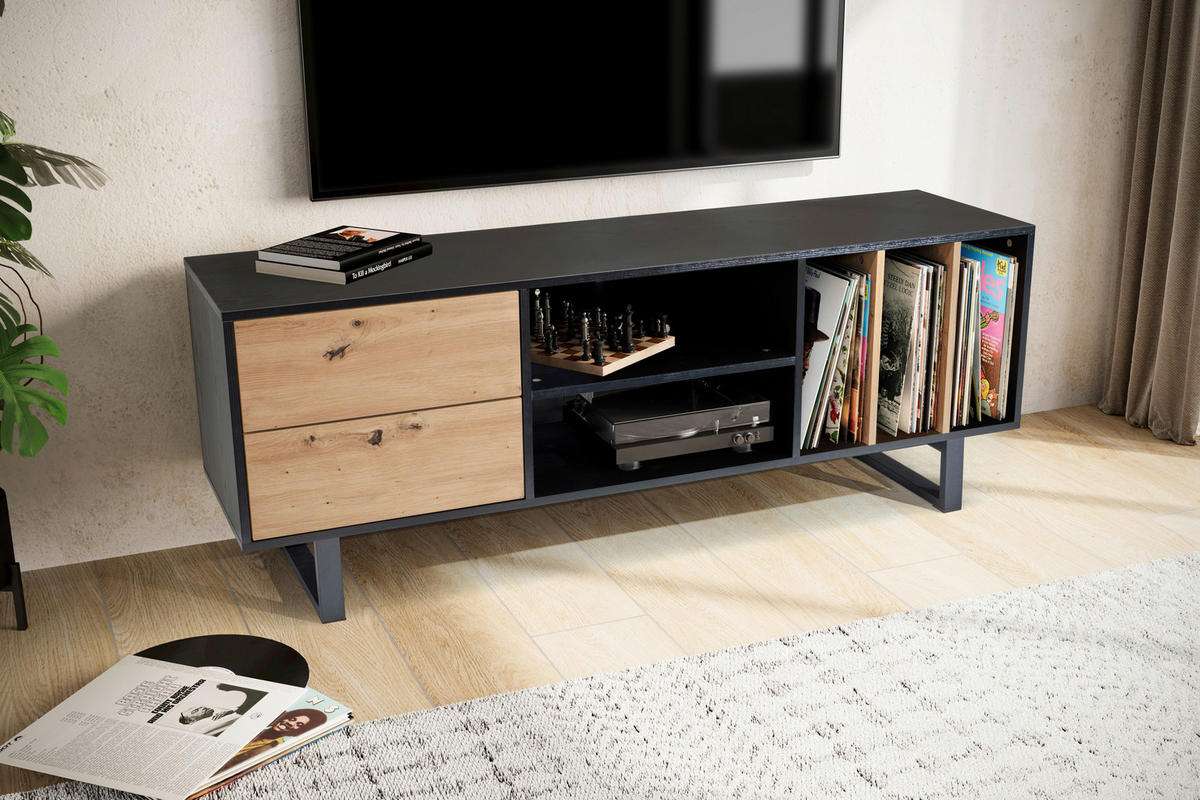 NÍZKÁ KOMODA, černá, 150/55/40 cm - černá/barvy dubu, Design, kov/kompozitní dřevo (150/55/40cm) - Livetastic