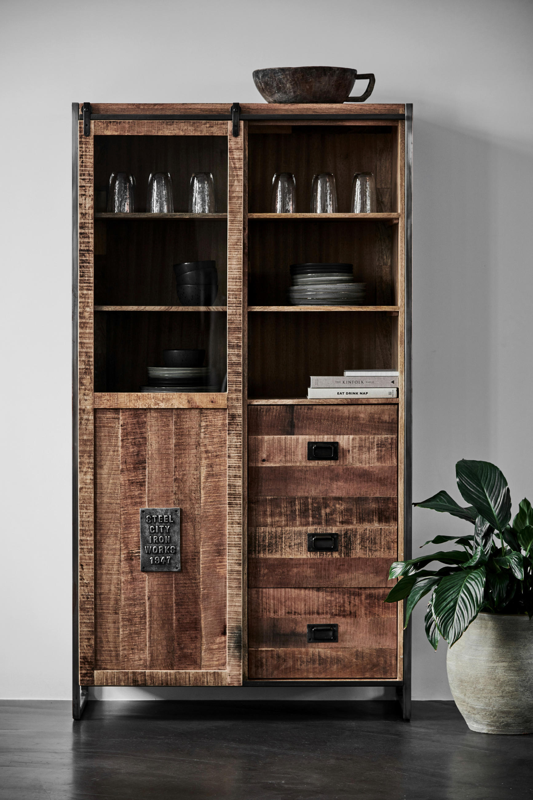 VITRINE in massiv Mangoholz Naturfarben  - Anthrazit/Naturfarben, Basics, Glas/Holz (115/200/45cm) - Livetastic