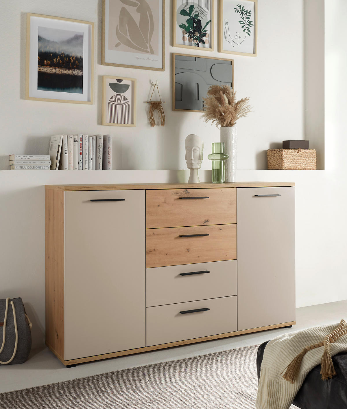 KOMÓD 150/92/38 cm  - kasmírszínű/fekete, Konventionell, műanyag/faalapú anyag (150/92/38cm) - Xora