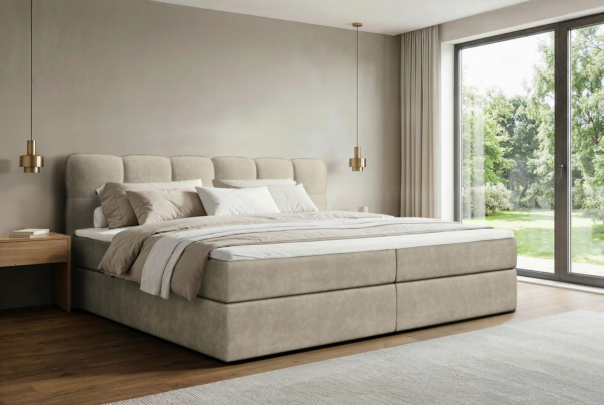 BOXBETT 240/200 cm,  in Hellbraun, Matratze, Bettkasten, Topper, H3 = fest  - Hellbraun/Schwarz, KONVENTIONELL, Kunststoff/Textil (240/200cm) - Chameo