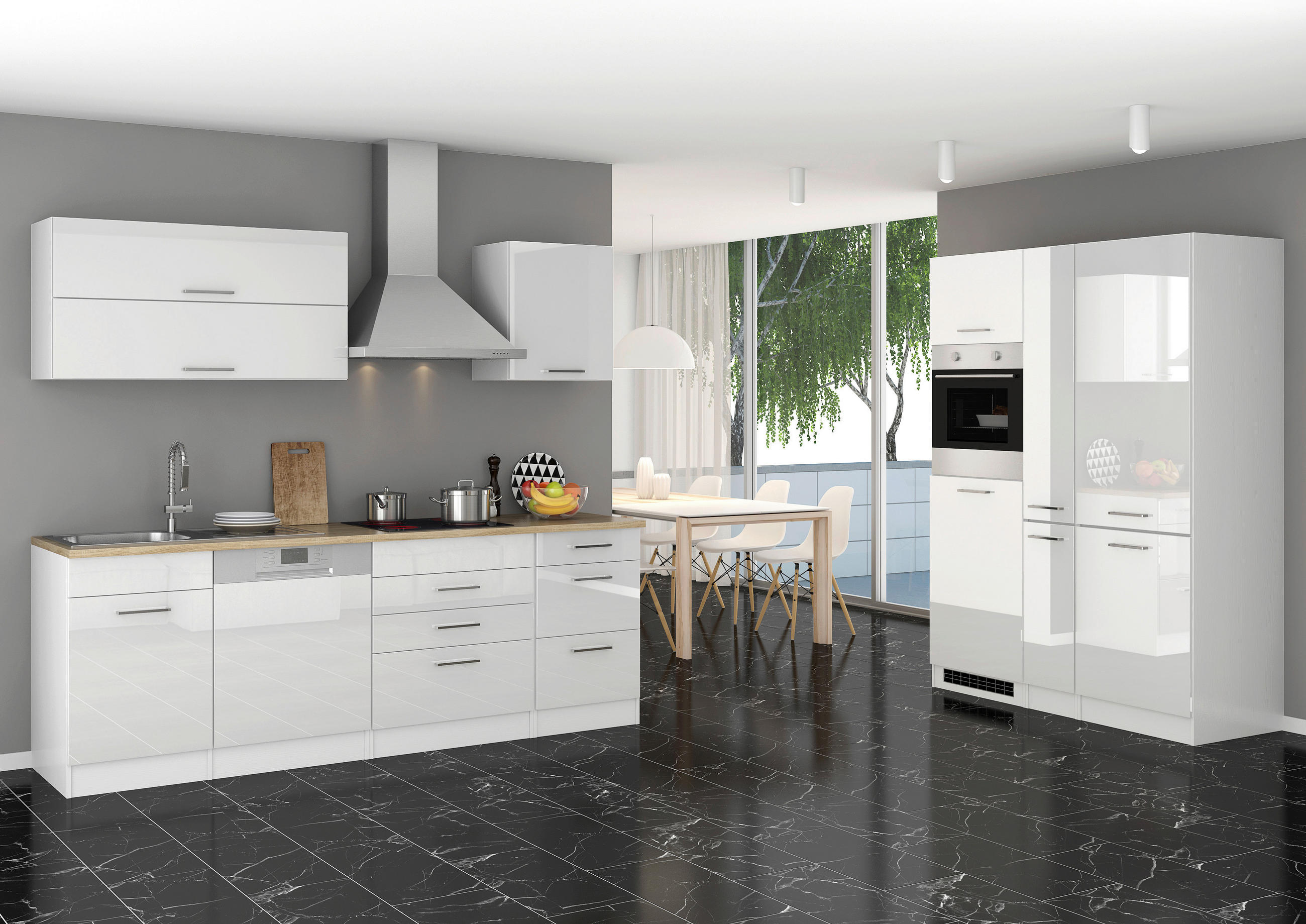 KÜCHENLEERBLOCK 390 cm   in Weiß Hochglanz  - Weiß Hochglanz/Silberfarben, MODERN, Holzwerkstoff/Metall (390cm) - Held