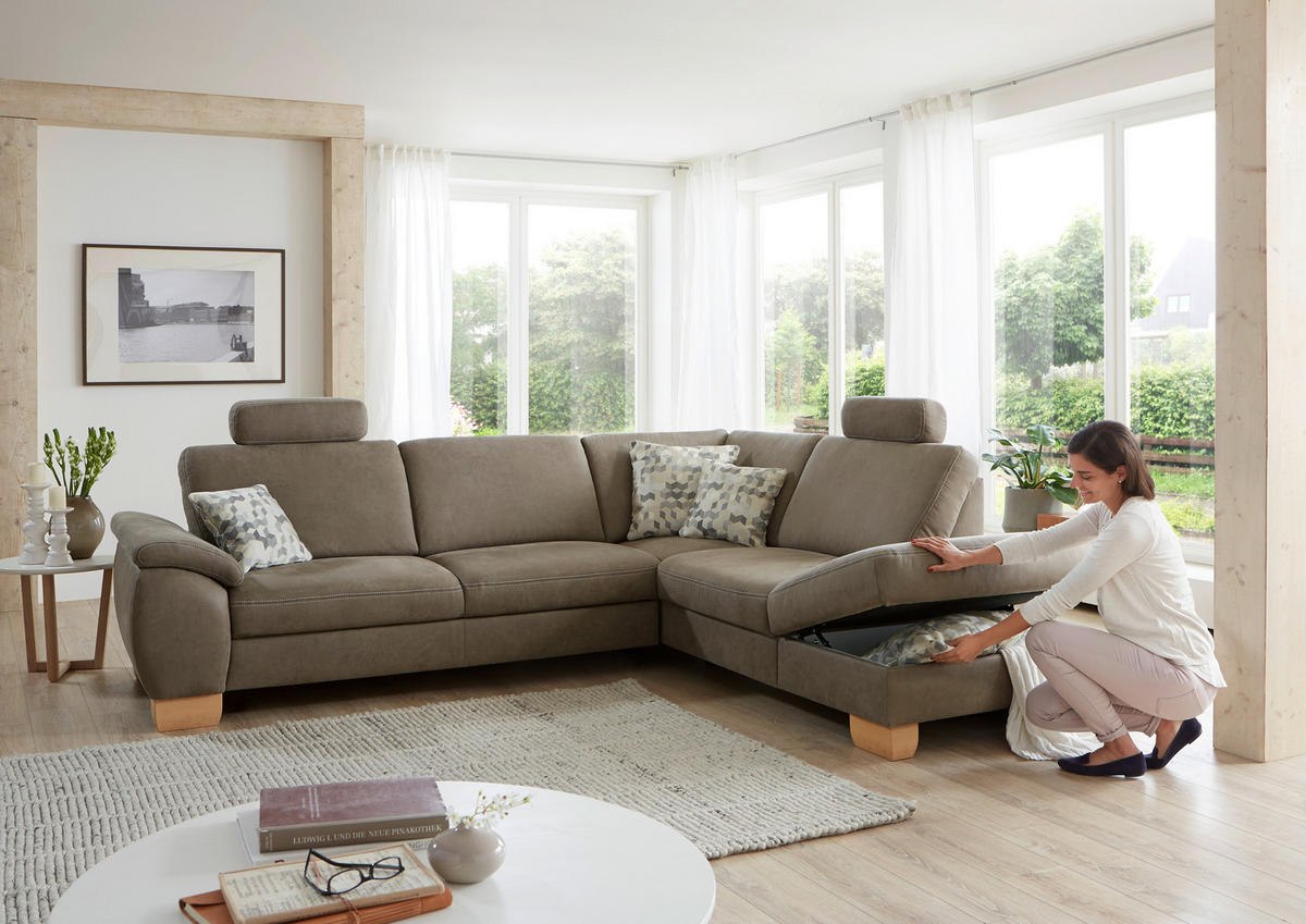 ECKSOFA in Mikrofaser Hellgrün  - Wildeiche/Beige, Konventionell, Holz/Textil (236/286cm) - Voleo