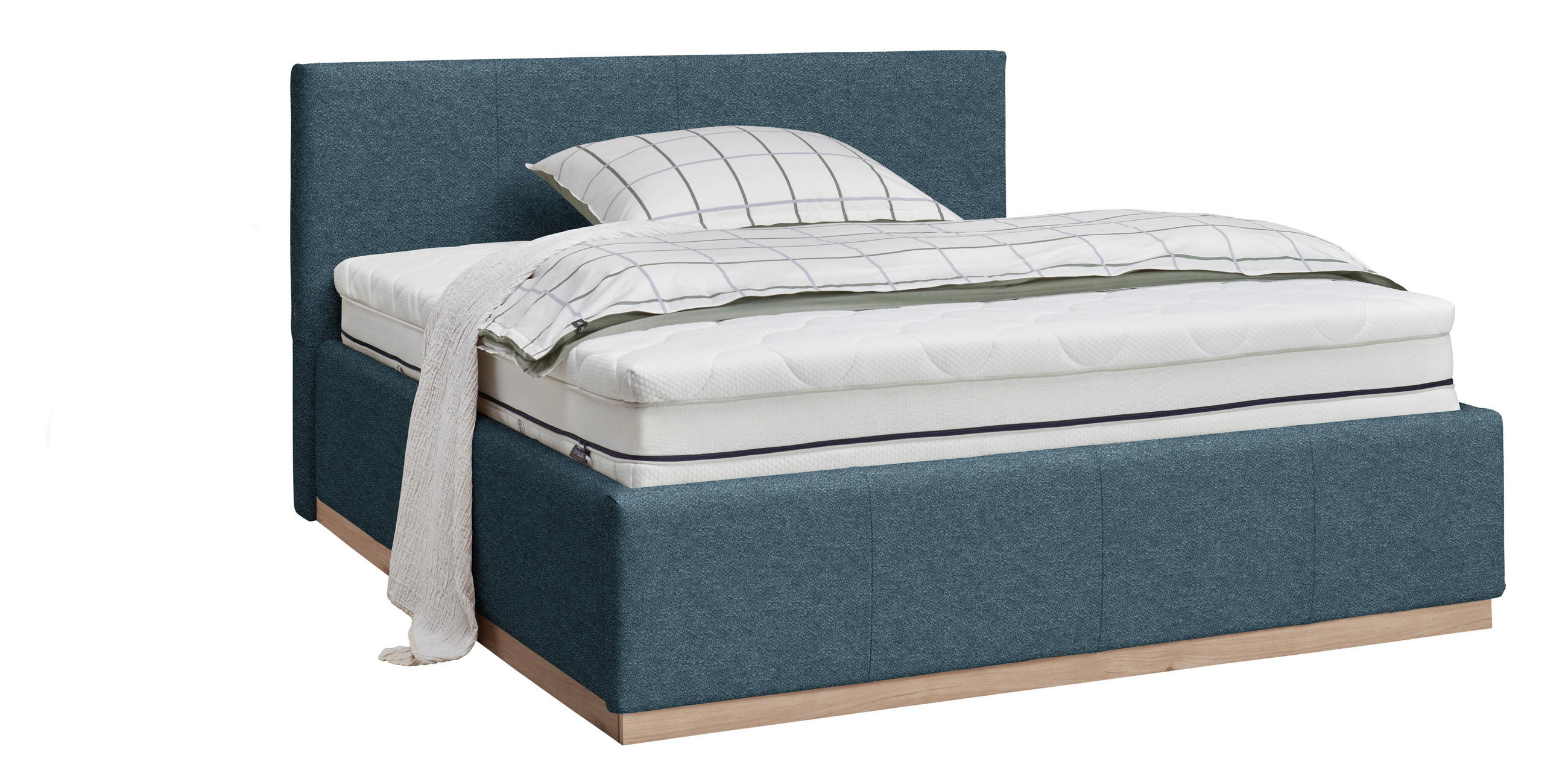 POLSTERBETT 180/200 cm,  in Blau, Beleuchtung, Lattenrost, Bettkasten,  - Blau/Birkefarben, Design, Holz/Holzwerkstoff (180/200cm) - Lomoco
