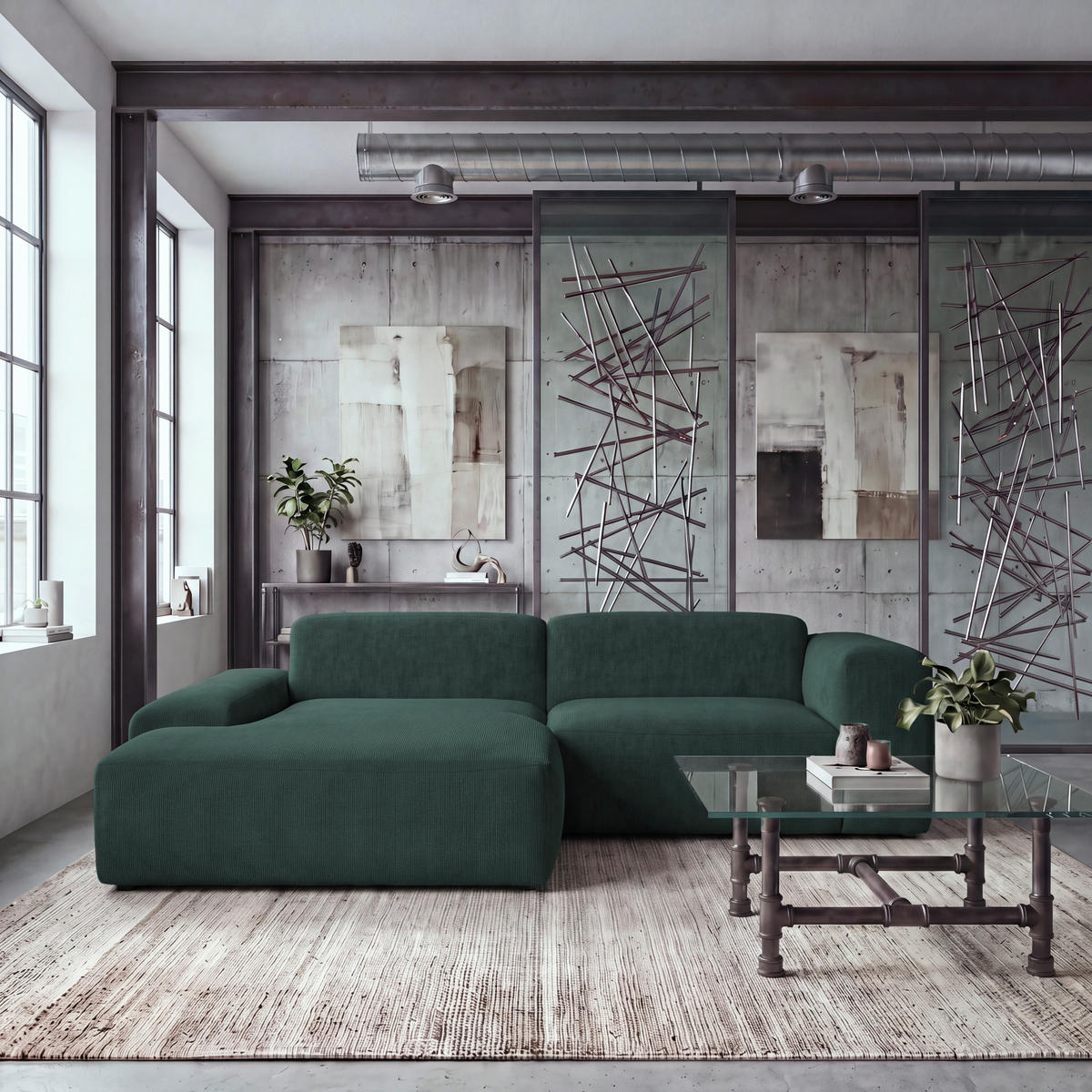 ECKSOFA HANNAH Grün Cord  - Schwarz/Grün, Design, Kunststoff/Textil (170/252cm) - MID.YOU