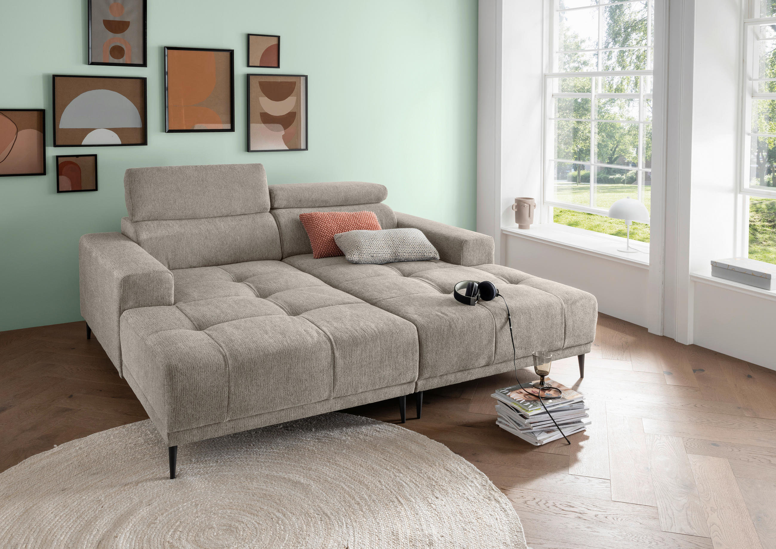 ECKSOFA in Chenille Beige  200/188 cm  - Beige/Schwarz, KONVENTIONELL, Textil/Metall (200/188cm) - Livetastic