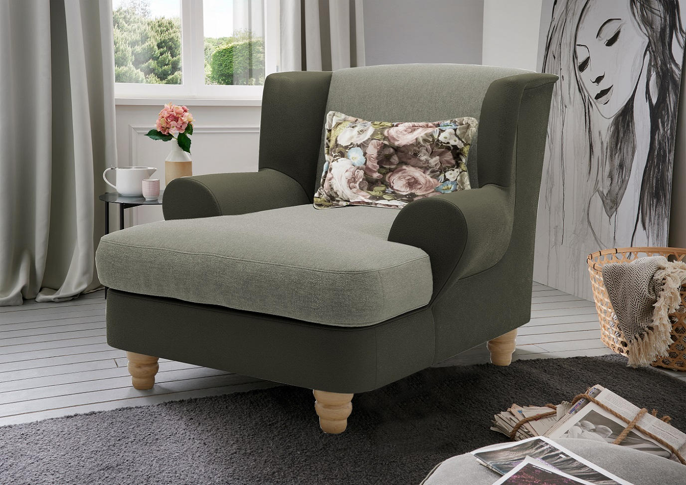 BIG SESSEL Chenille, Mikrofaser Grün, Hellgrün - Wildeiche/Hellgrün, MODERN, Holz/Textil (124/104/150cm) - Livetastic