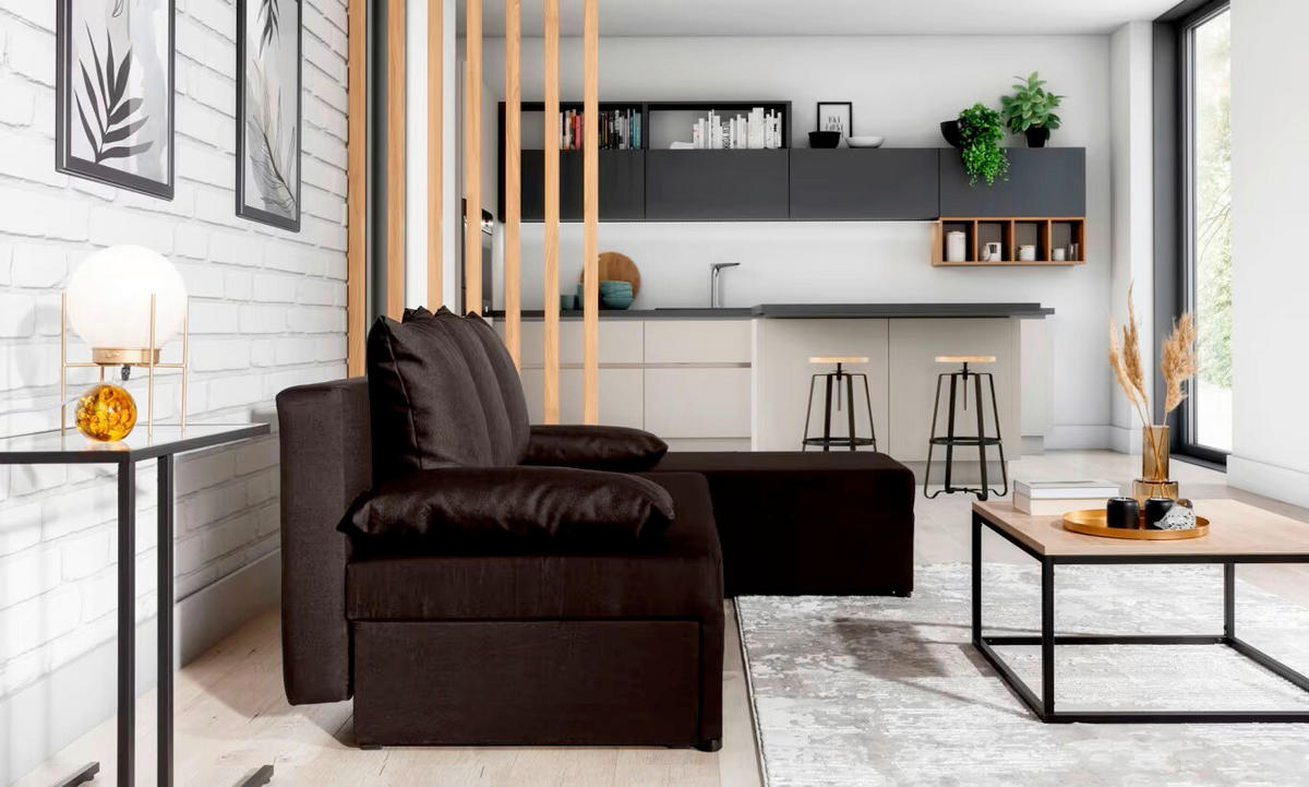 ECKSOFA  Dunkelbraun Webstoff  - Dunkelbraun/Schwarz, Design, Kunststoff/Textil (201/143cm) - MID.YOU