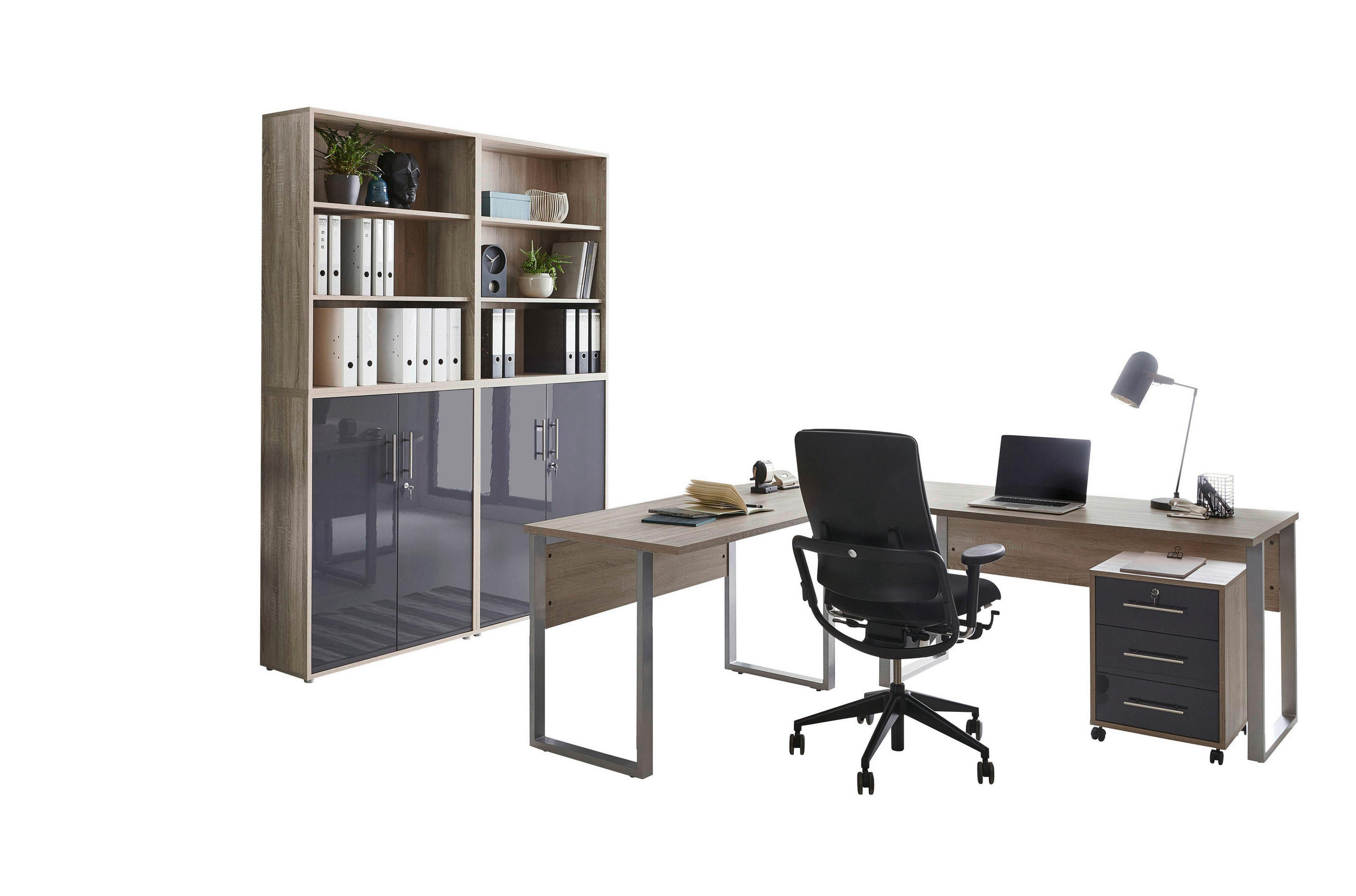 BÜRO erweiterbar, abschließbar Sonoma Eiche, Anthrazit Hochglanz - Anthrazit Hochglanz/Sonoma Eiche, MODERN, Holzwerkstoff/Metall - MID.YOU